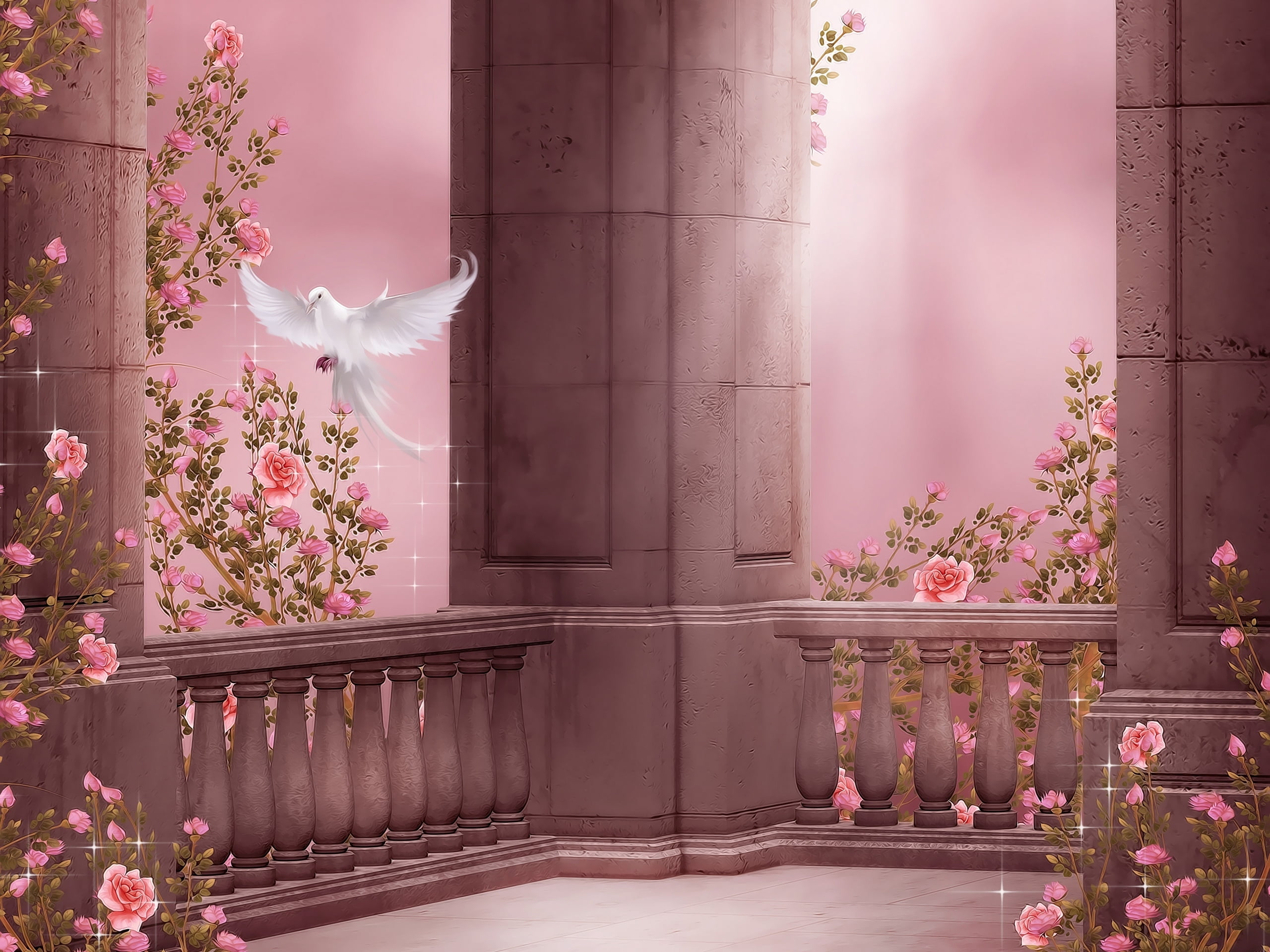 flight, white, architecture, flower pot, columns, cultures, flower, growth, pink color, petal, building, roses, architectural Column, building exterior, HD Wallpaper