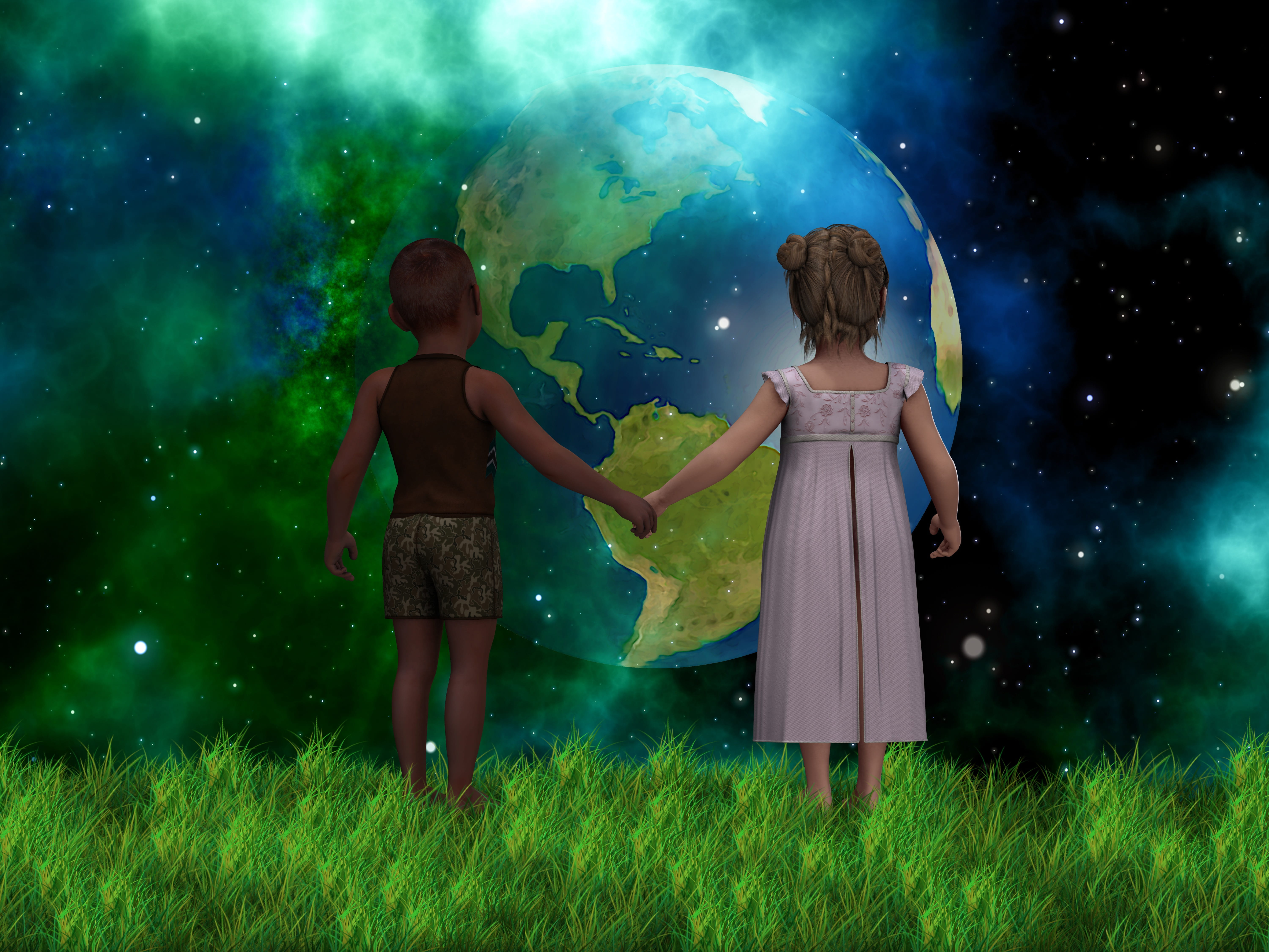 girl, child, hand, full length, painting, nature, children, universe, two people, skin color, space, sky, girls, planet, women, south america, hand in hand, HD Wallpaper