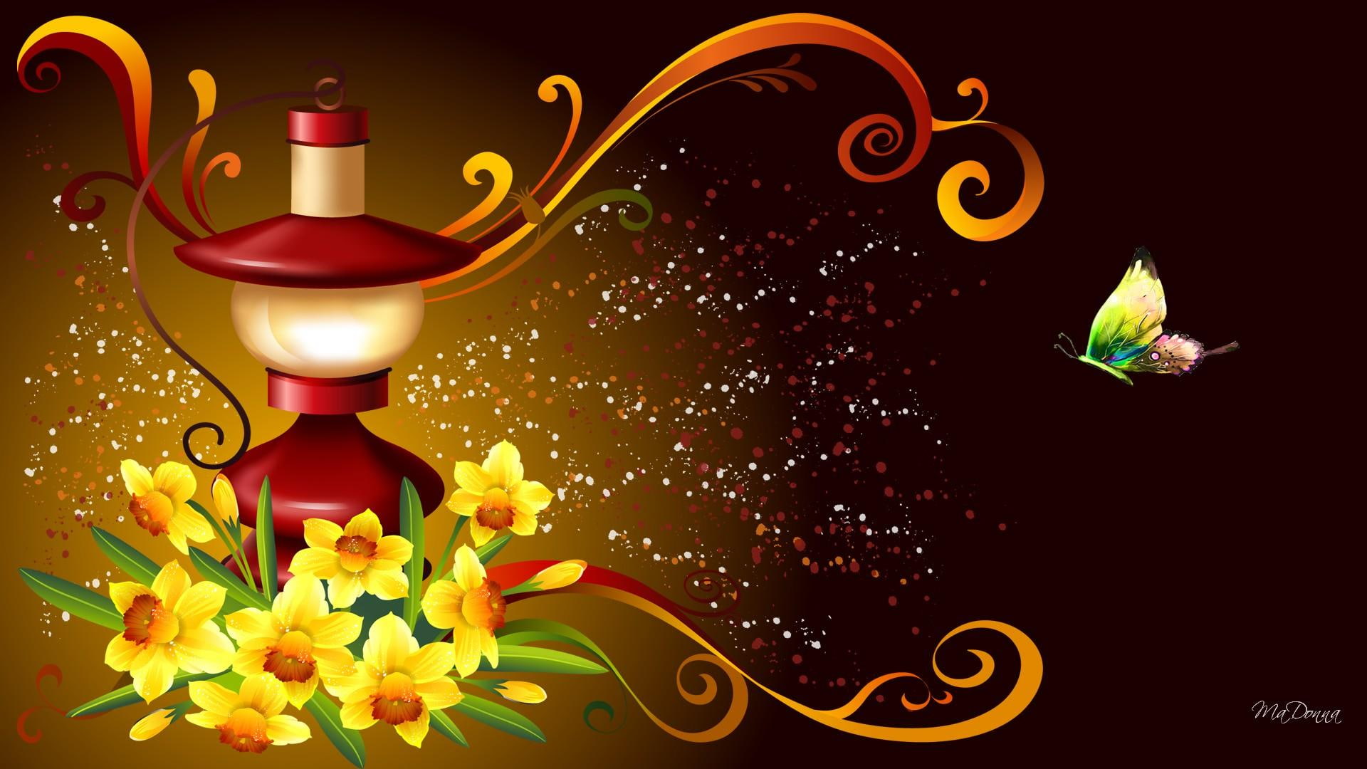 lantern, light, scatter, daffodils, red, white, fleurs, spring, 1080P, papillon, butterfly, brown, lamp, flowers, natu, swirls, HD Wallpaper