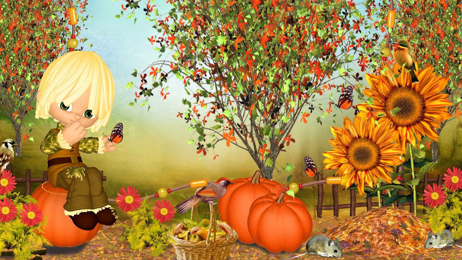 brown, flowers, butterfli, sweet, leaves, overall, mice, excitement, girl, fall, 1080P, field, art, garden, fleur, papillon, harvest, bright, clip, child, HD Wallpaper