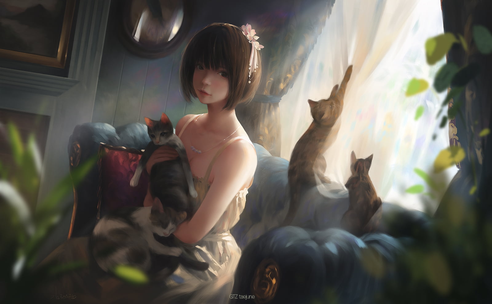 portrait, women, bokeh, 720P, brunette, sitting, artwork, looking at viewer, Asian, drawing, digital art, couch, indoors, cats, Taejune Kim, HD Wallpaper