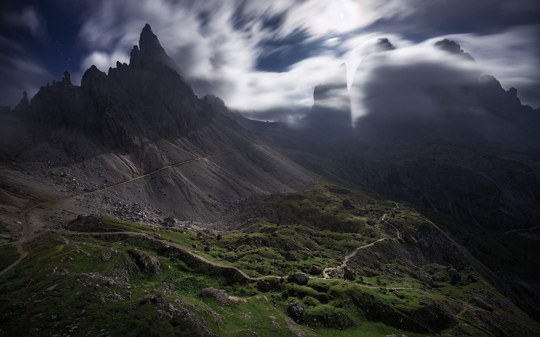 Dolomites (mountains), idyllic, extreme terrain, dirt road, geology, moonlight, sky, remote, mountain, formation, landscape, nature, environment, physical geography, HD Wallpaper