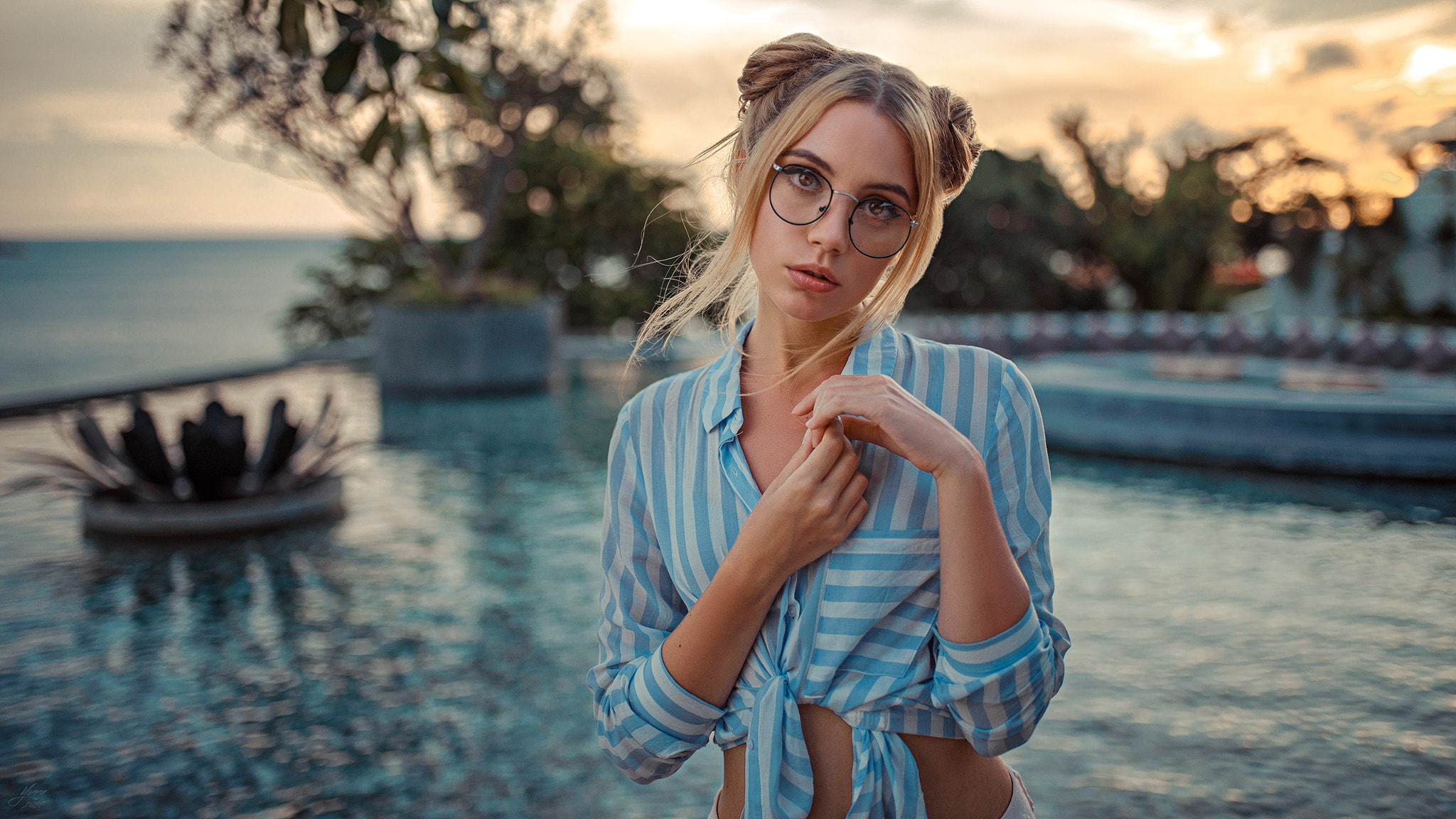 blonde, hairbun, portrait, Ksenia Kokoreva, 1080P, women with glasses, shirt, depth of field, women, HD Wallpaper