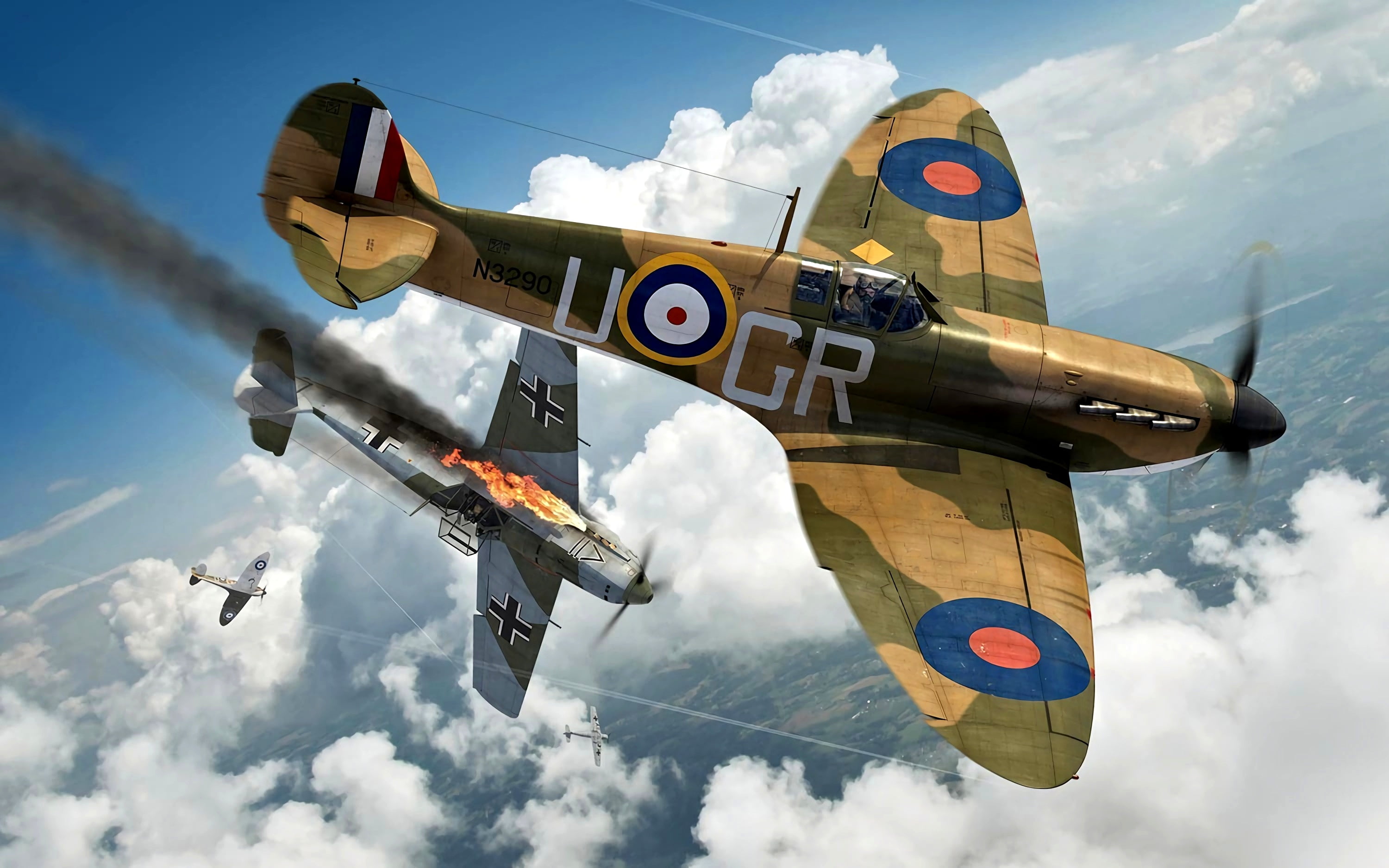 Air force, Emil, 2K, WWII, Bf.109E, Dogfight, Supermarine, Messerschmitt, RAF, Battle of Britain, Spitfire Mk.Ia, HD Wallpaper