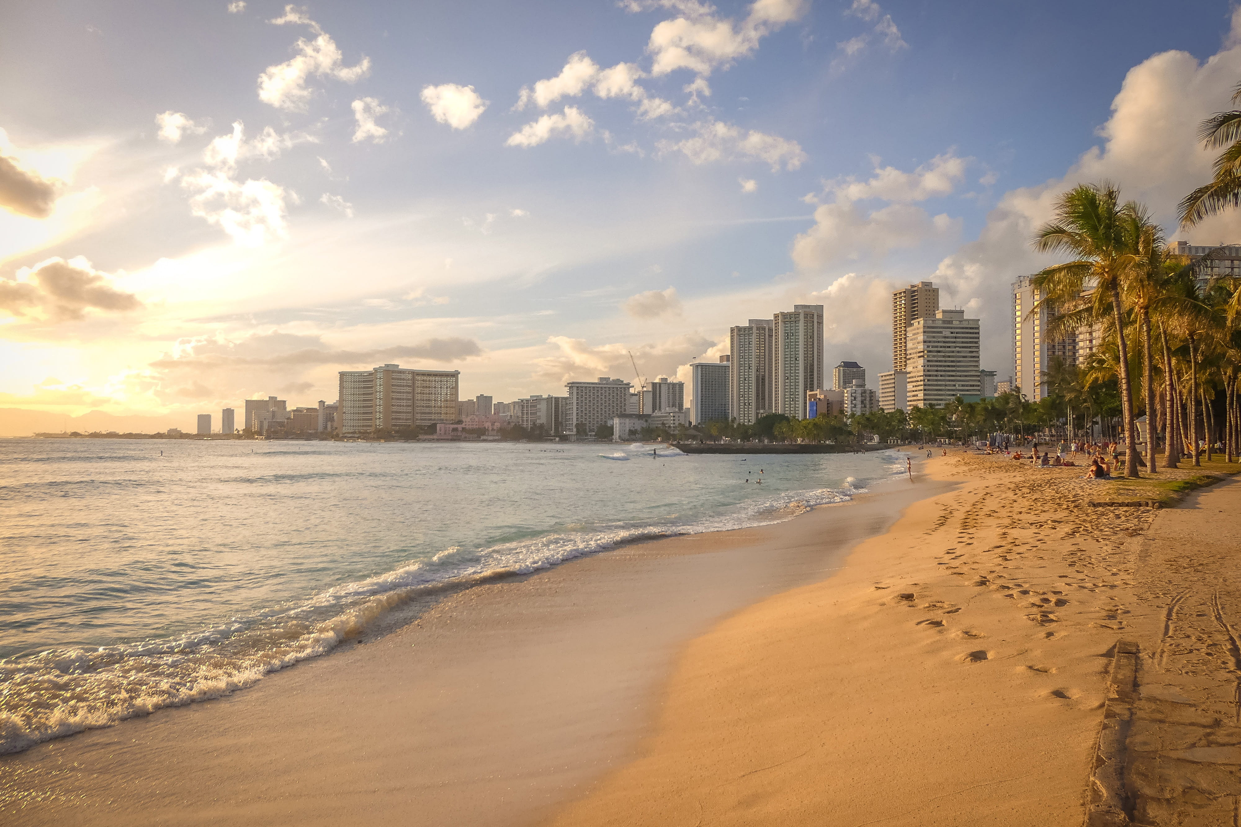landscape, office building exterior, beach, sunset, sky, 4K, land, water, city, cityscape, building, cloud - sky, waikiki, no people, sand, outdoors, architecture, HD Wallpaper
