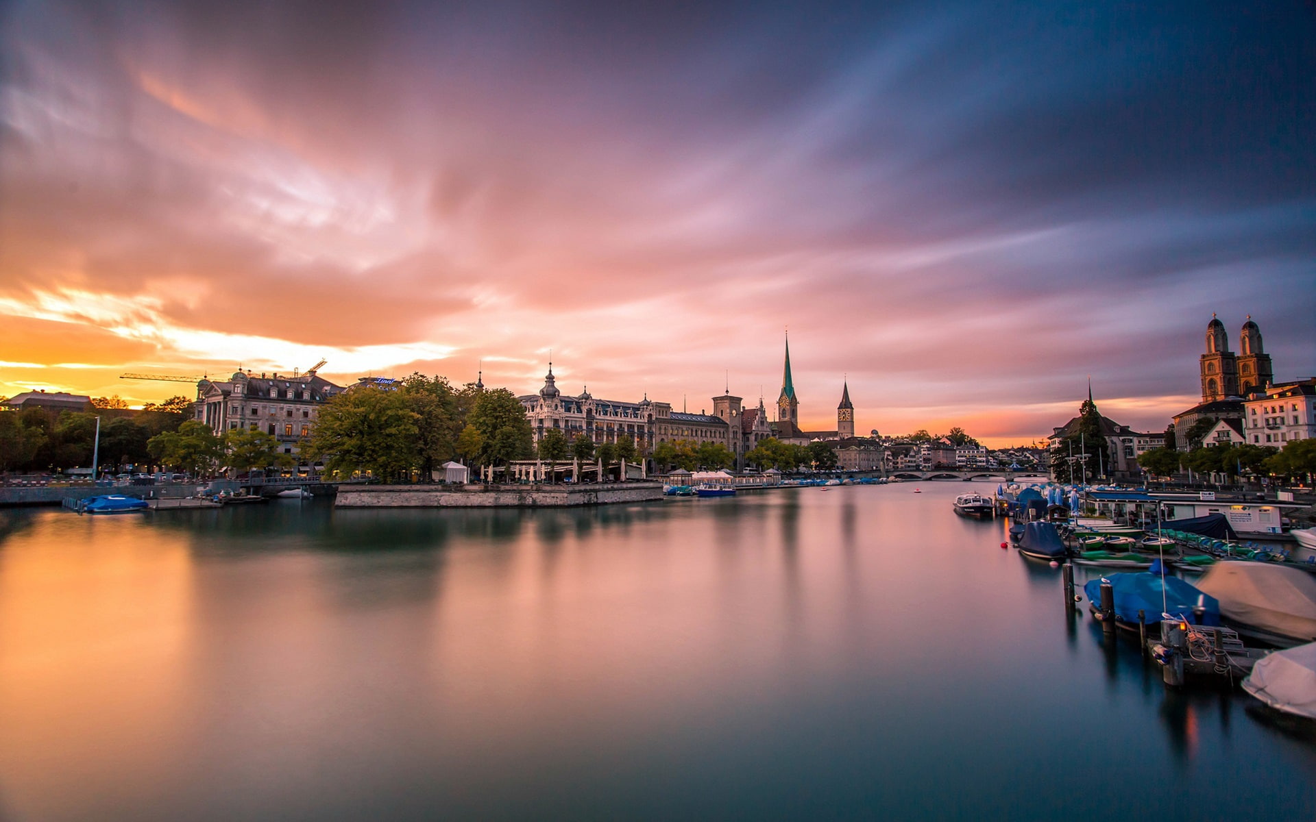 Zurich, Switzerland, Sunset, 1080P, Boats, Evening, Houses, City, Bridge, River, HD Wallpaper