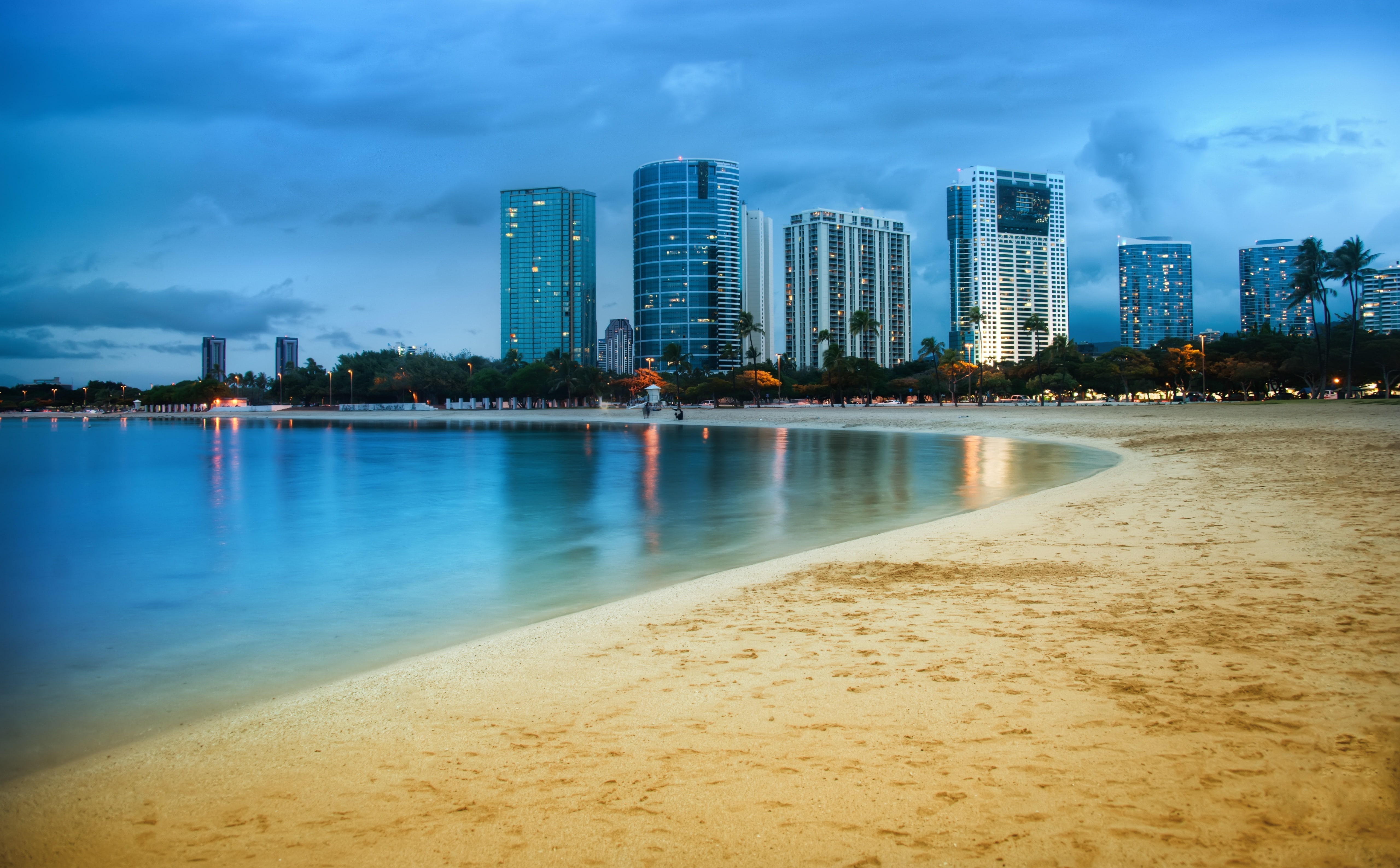sunset, hotels, nature, Travel, cloud - sky, building exterior, hd, built structure, water, building, skyscraper, Hawaii, buildings, outdoors, financial district, HD Wallpaper
