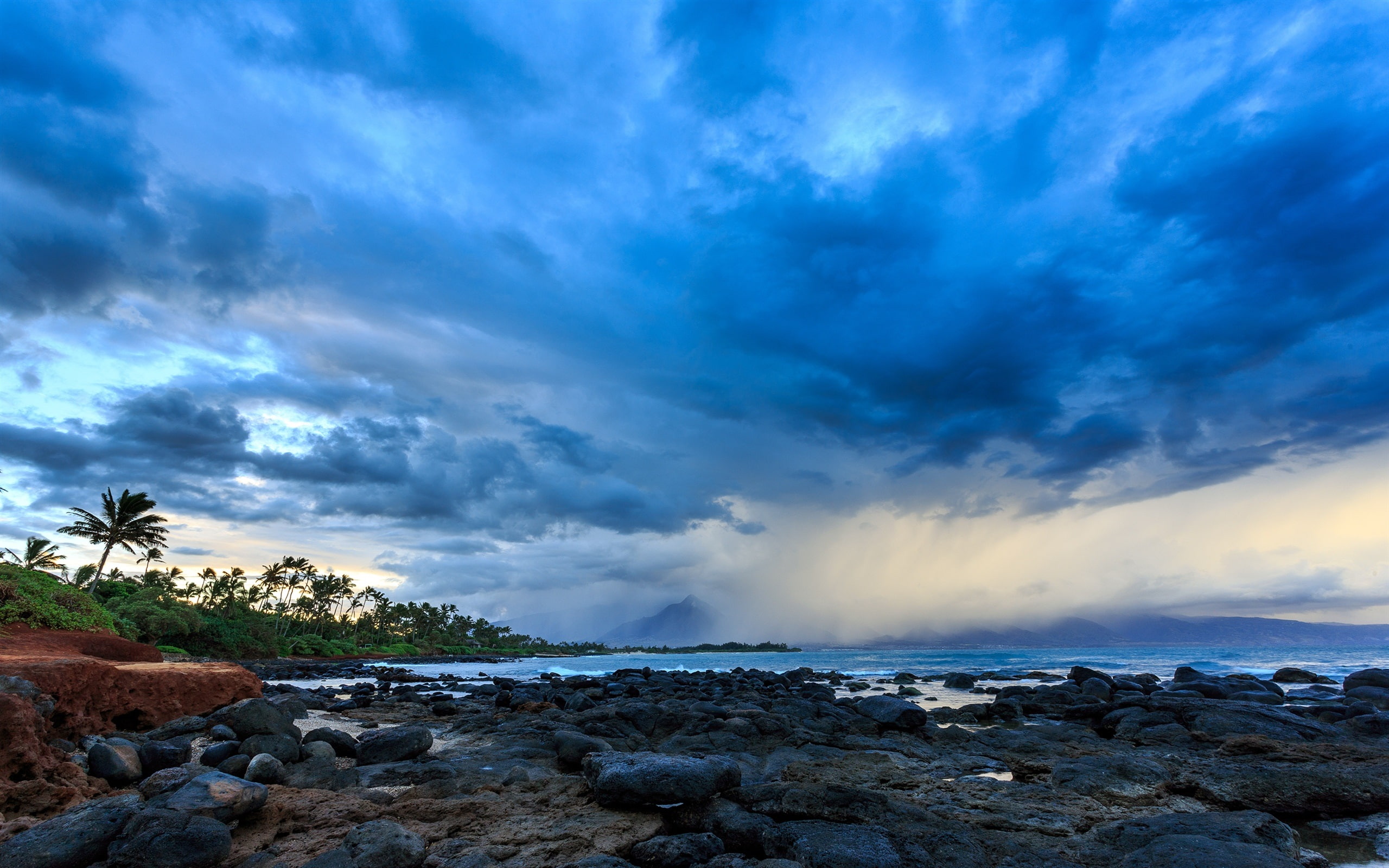 Stones, Clouds, Coast, Trees, 2K, Hawaii, Storm, Palm, Dusk, HD Wallpaper