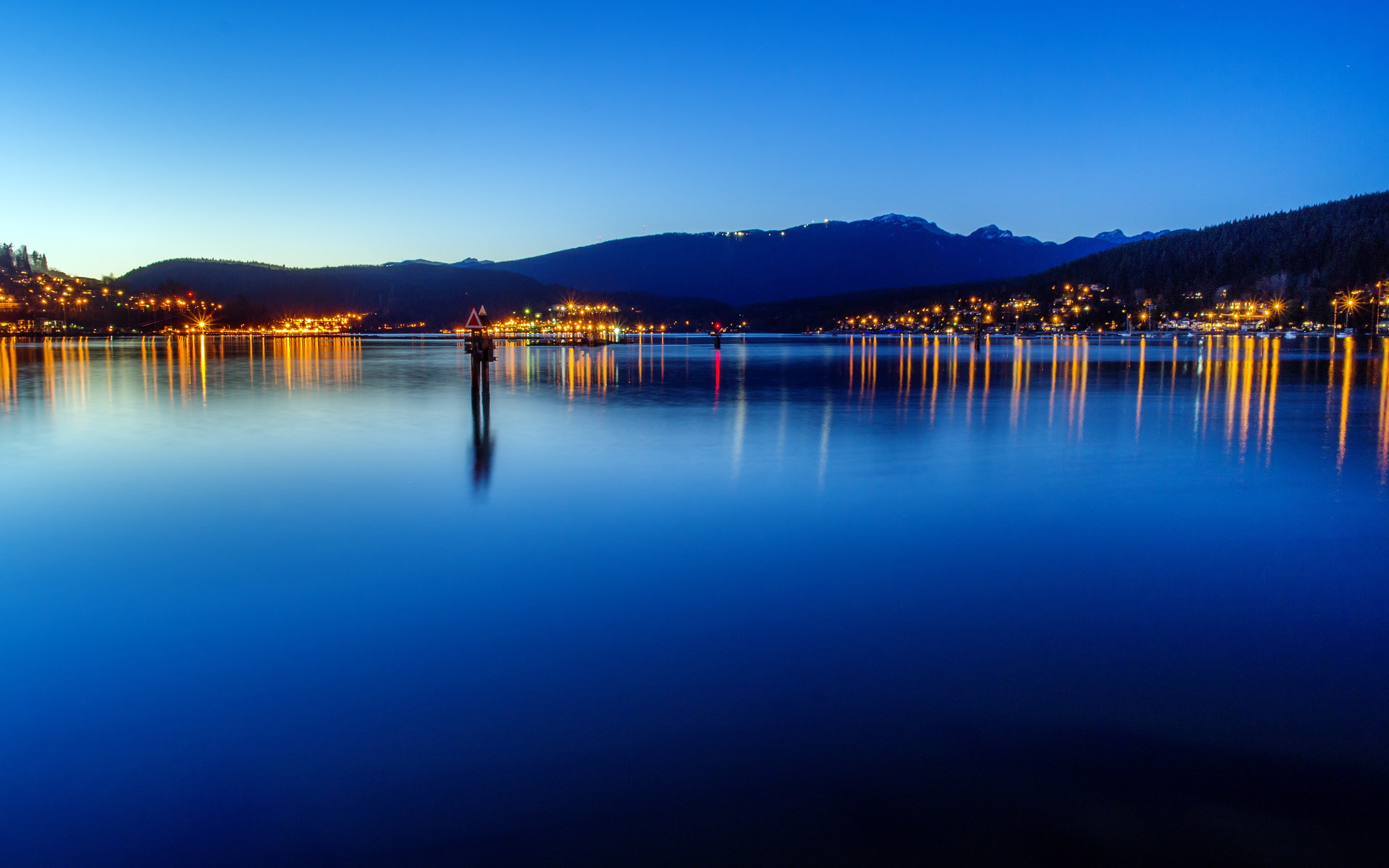evening, reflection, calm, lake, clear sky, 4K, lights, hills, Canada, landscape, British Columbia, town, nature, HD Wallpaper
