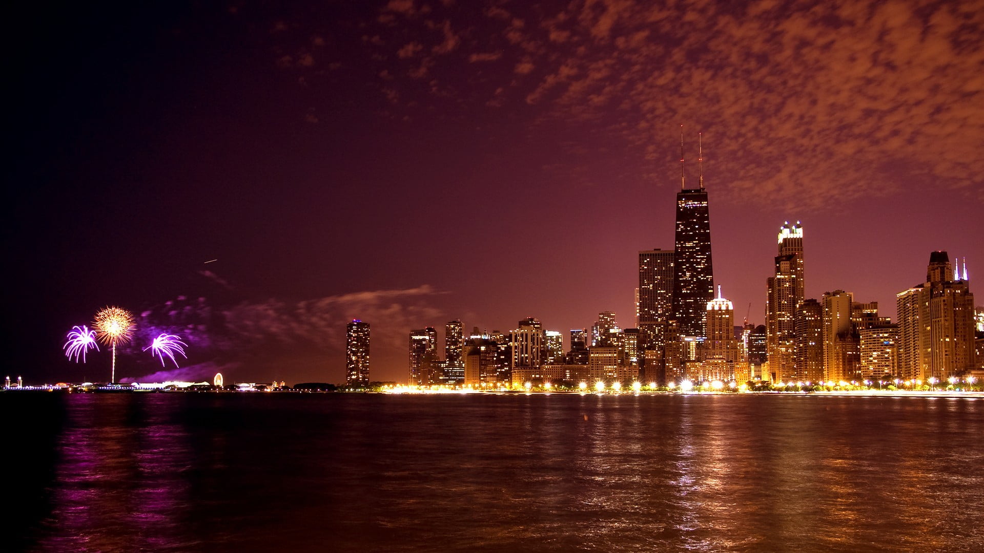 reflection, no people, building, lights, water, cityscape, firework, exploding, skyline, building exterior, nightlife, illuminated, office building exterior, HD Wallpaper
