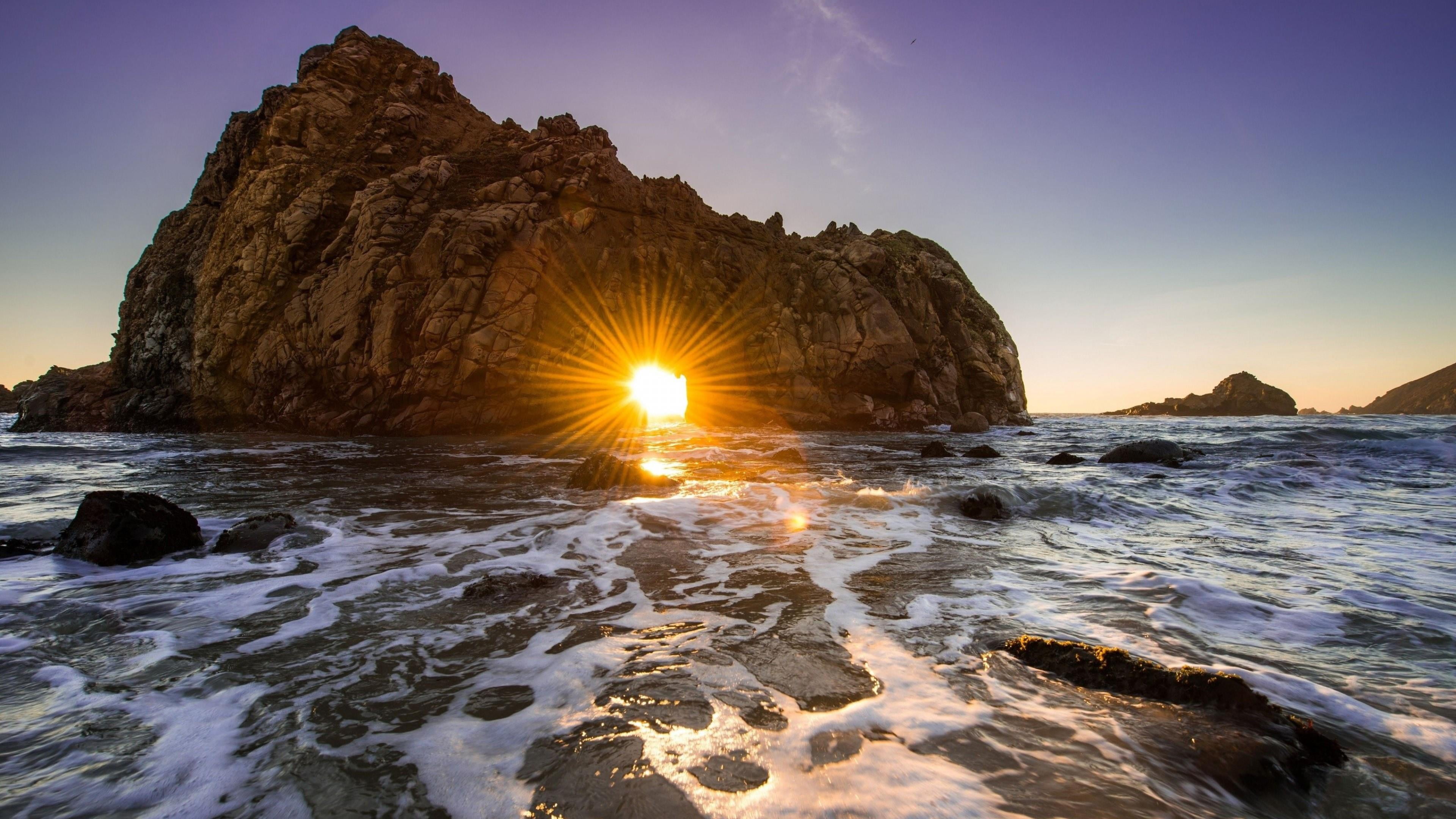 beach, nature, light, sun, ocean, foamy, land, water, sunray, motion, beauty in nature, outdoors, rock formation, bright, tranquility, sunset, sky, wave, HD Wallpaper