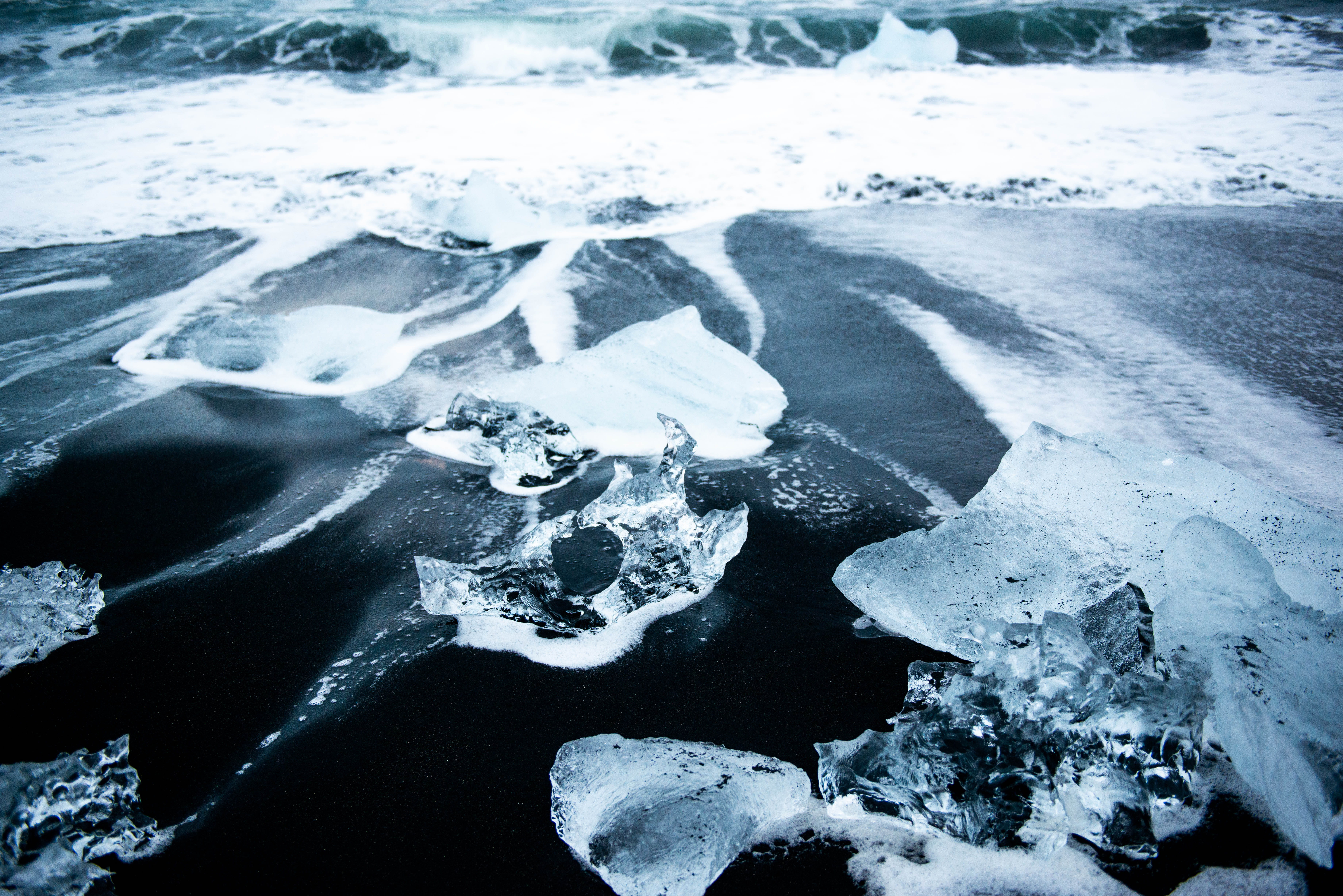 frozen, foam, motion, 5K, cold, ocean, sport, water, black diamond beach, flowing water, glacier, nature, snow, winter, beach, outdoors, environment, ice on sand, HD Wallpaper