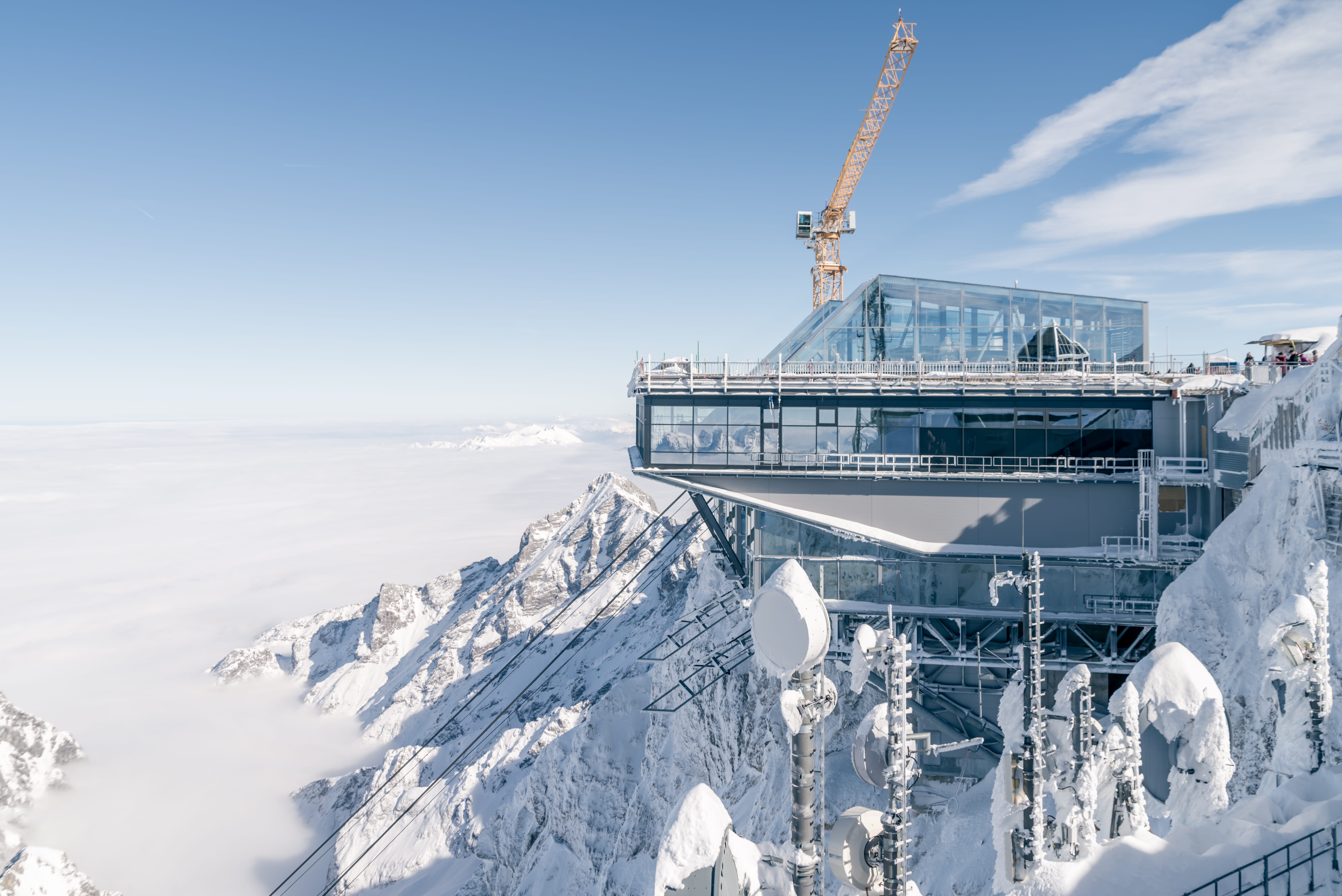 winter, day, snowcapped mountain, transportation, beauty in nature, photo, frozen, 5K, sunlight, high, building, transportation system, cable car, snow capped mountain, HD Wallpaper