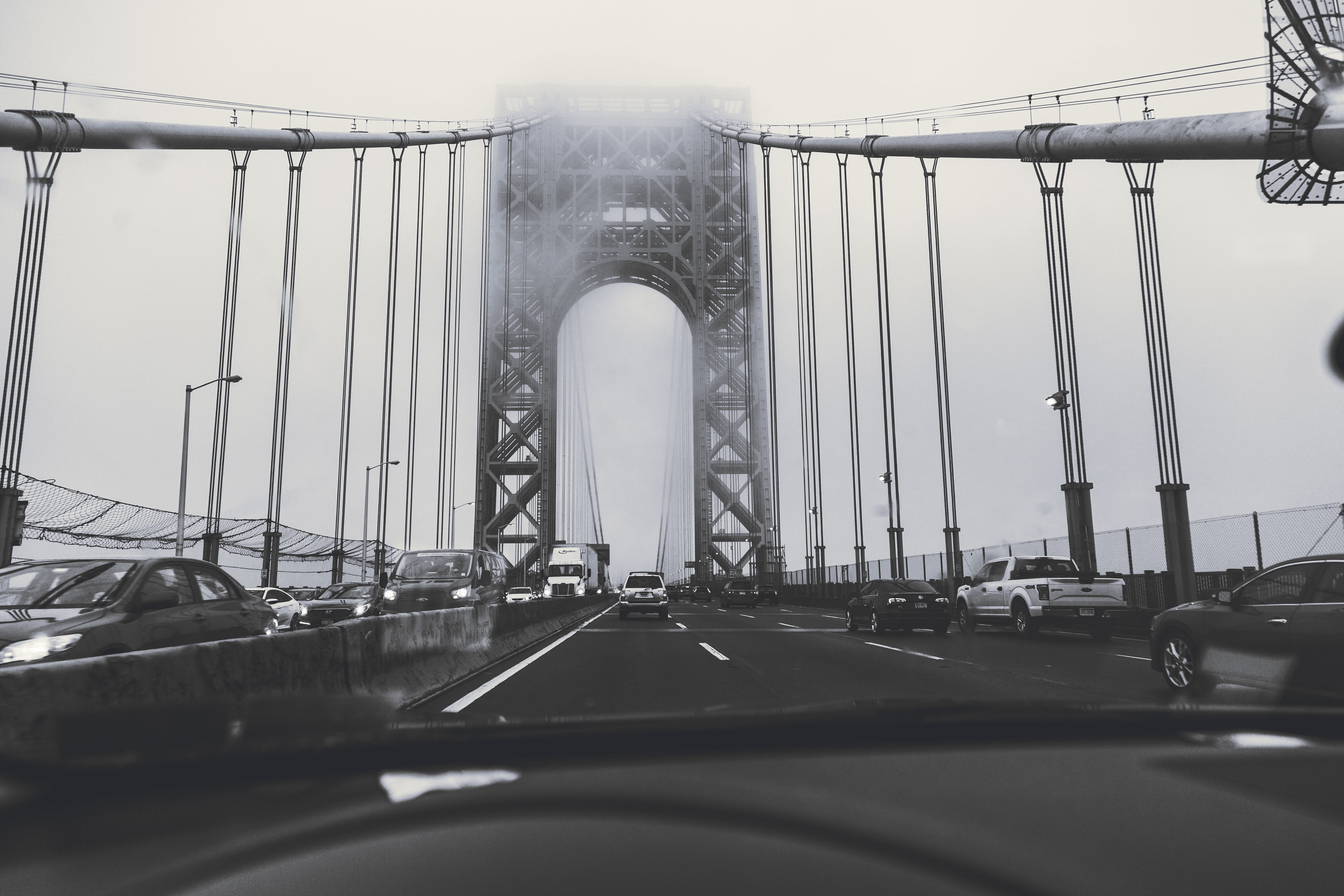 lights, daylight, travel destinations, transportation system, pavement, steel, motor vehicle, windshield, vehicles, built structure, suspension bridge, HD Wallpaper