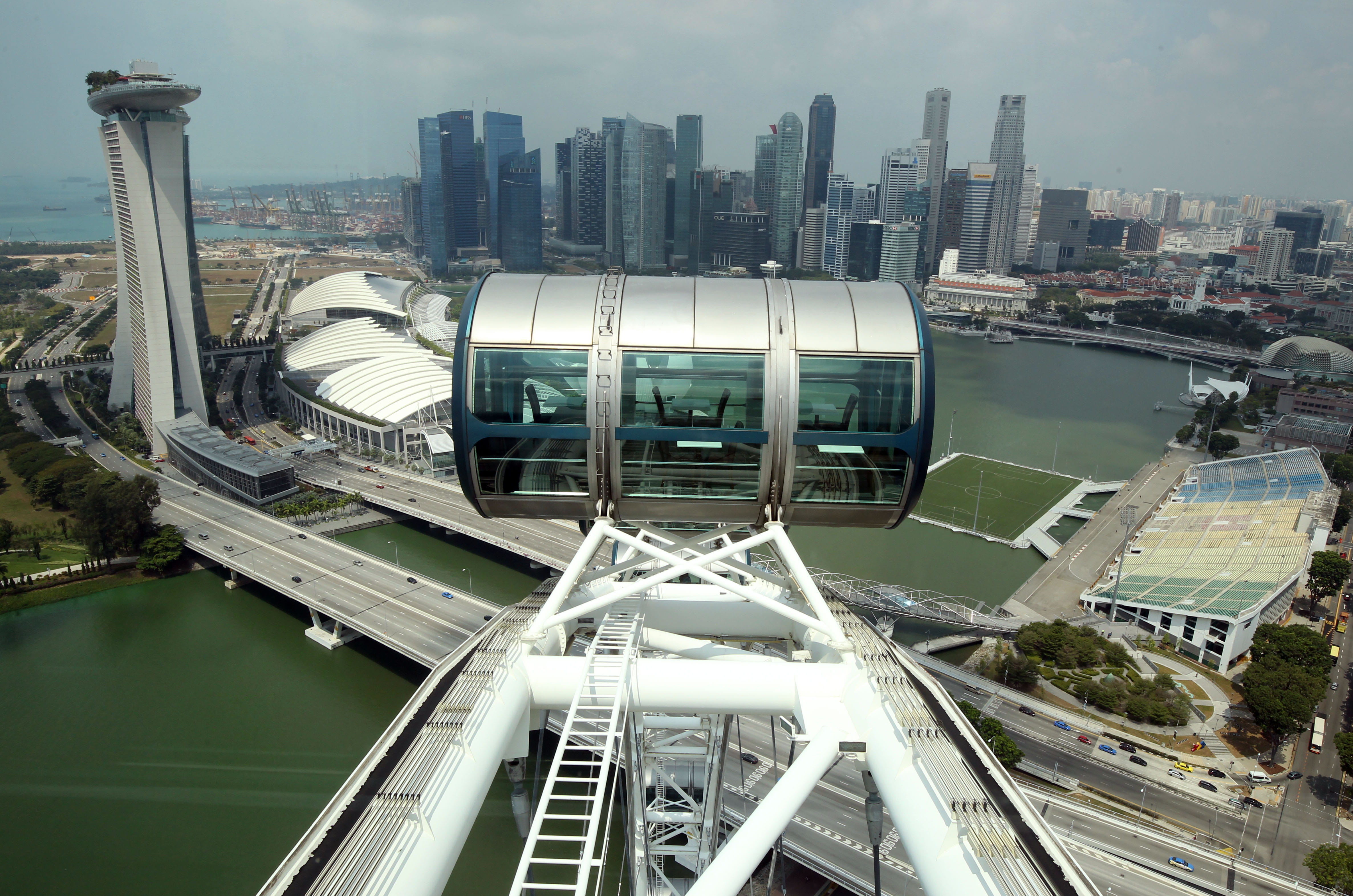 travel destinations, office building exterior, city, day, skyscrapers, travel, road, business, futuristic, no people, buildings, aerial view, bridge, river, HD Wallpaper
