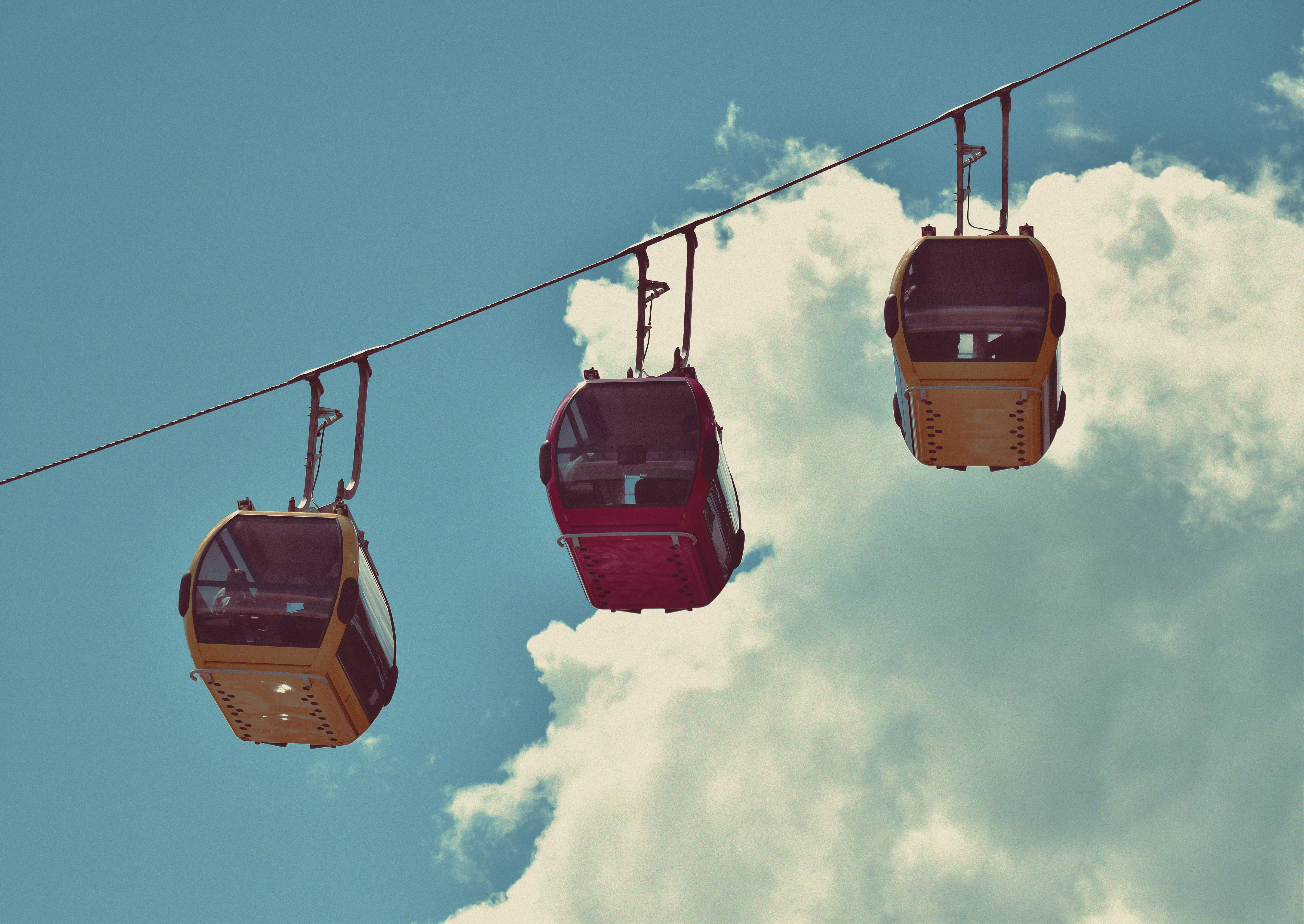 light, cable, hanging, leisure, heaven, low angle shot, journey, overhead cable car, air, recreation, mode of transportation, car, clouds, 5K, vacation, HD Wallpaper