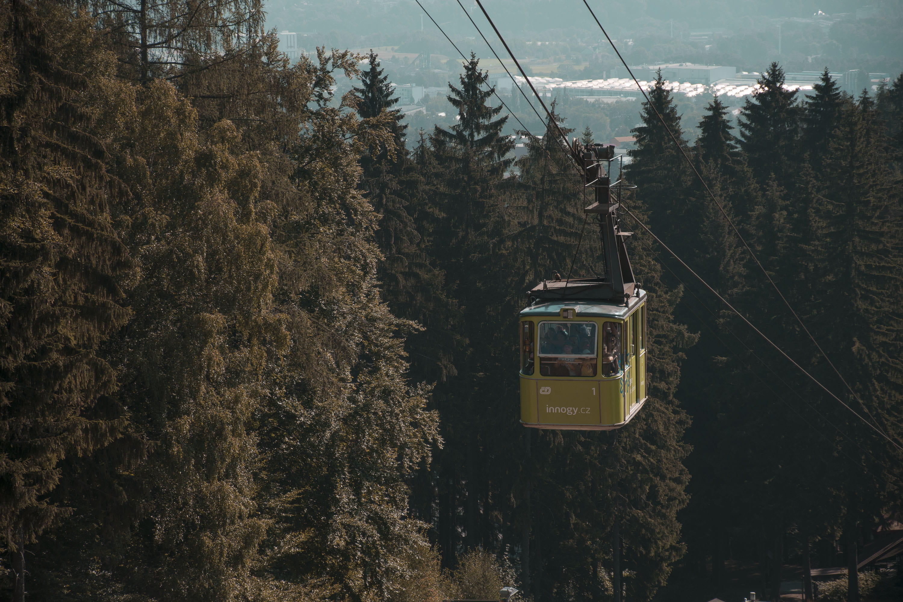 nature, cable wire, locomotive, overhead cable car, yellow, transport, close, high angle shot, sky, 2K, car, tree, electricity, cable car, trees, no people, HD Wallpaper