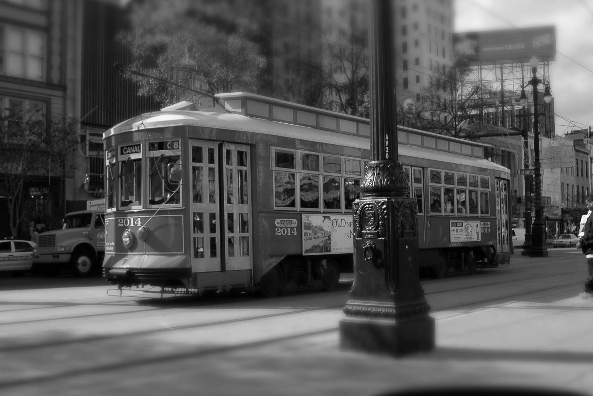 tram, street, city, sign, selective focus, city street, cable car, motor vehicle, day, car, communication, no people, vehicle, nature, transportation, 1080P, HD Wallpaper