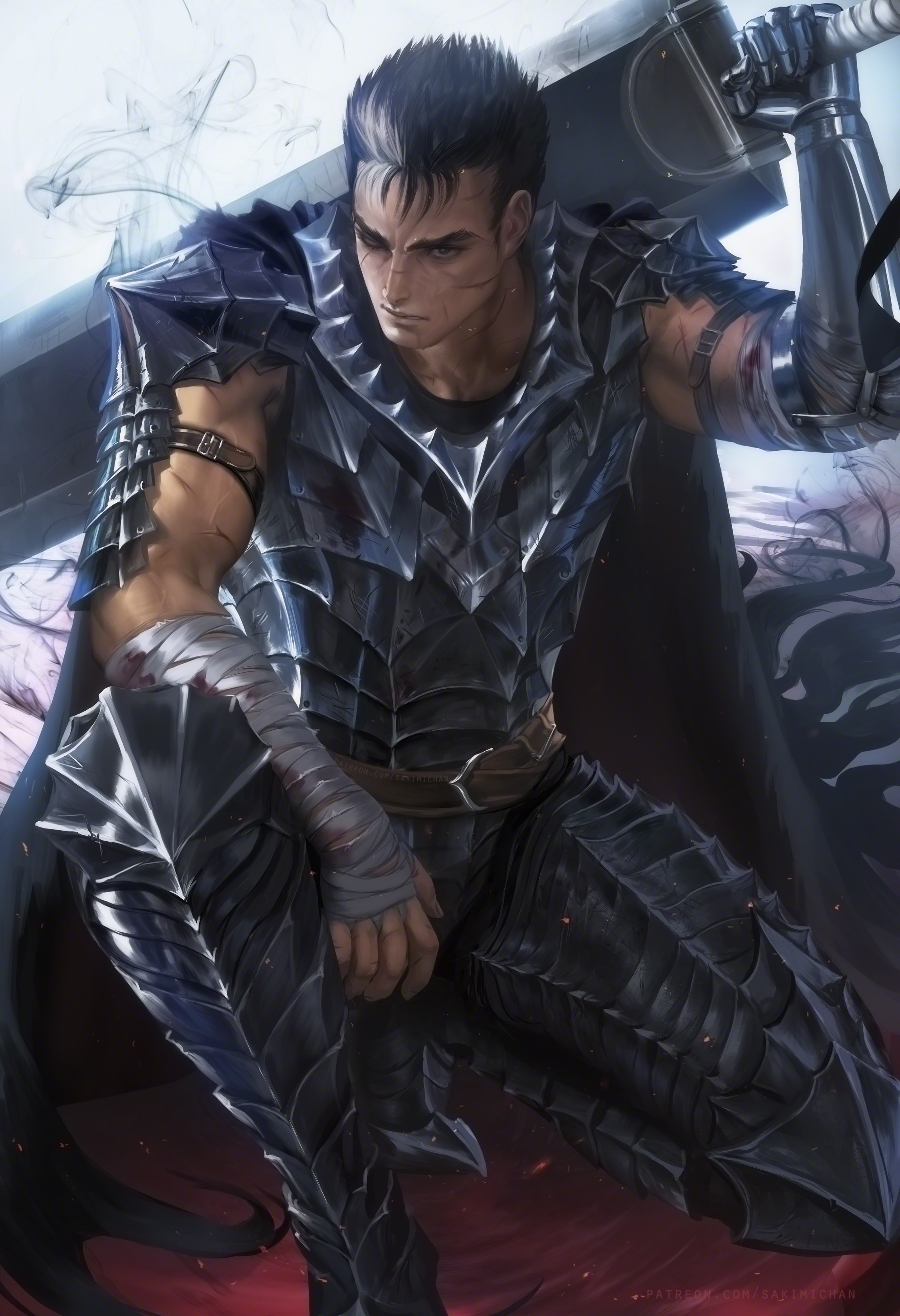 Sakimichan, men, armour, anime, Black Swordsman, Berserk, 4K, artwork, sword, Guts, digital art, Phone HD Wallpaper