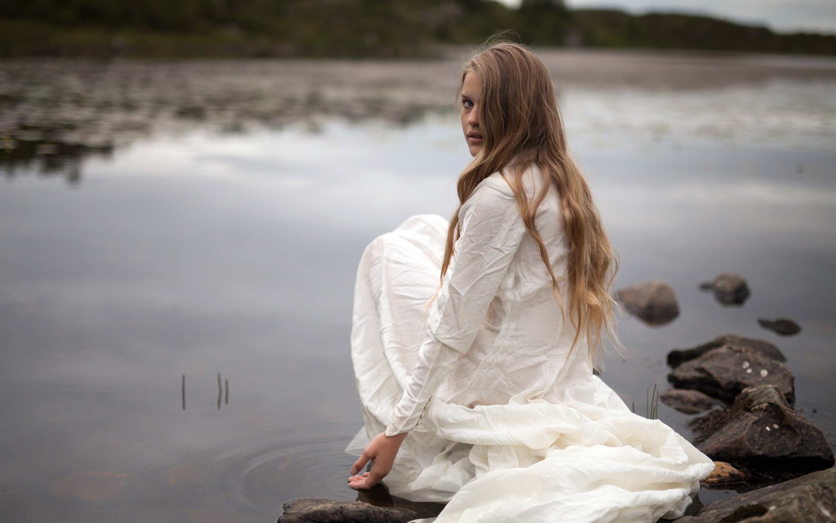 Dress, White, 2K, Look, Girl, Lakeside, Sit, Back, HD Wallpaper