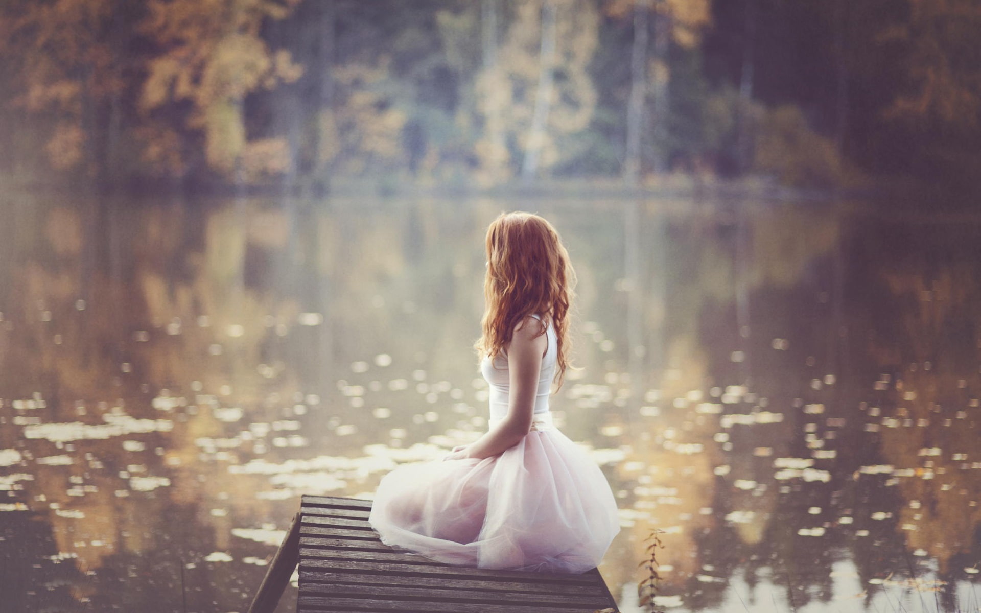 1080P, White, Lonely, Lakeside, Dress, Girl, HD Wallpaper