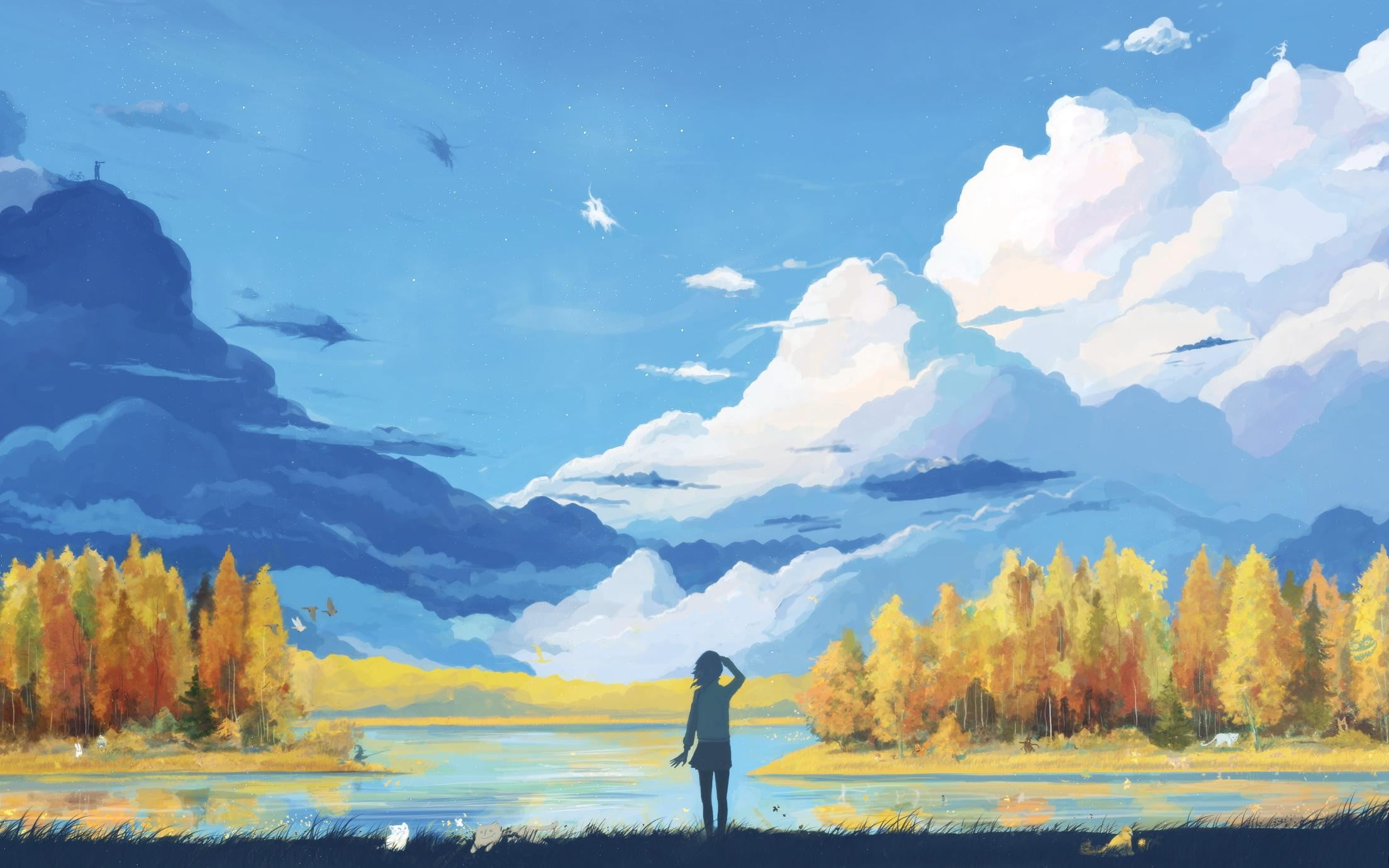 lake, mountain, woman, real people, scenics - nature, change, forest, cloud - sky, day, tranquility, water, outdoors, silhouette, looking at view, non-urban scene, HD Wallpaper