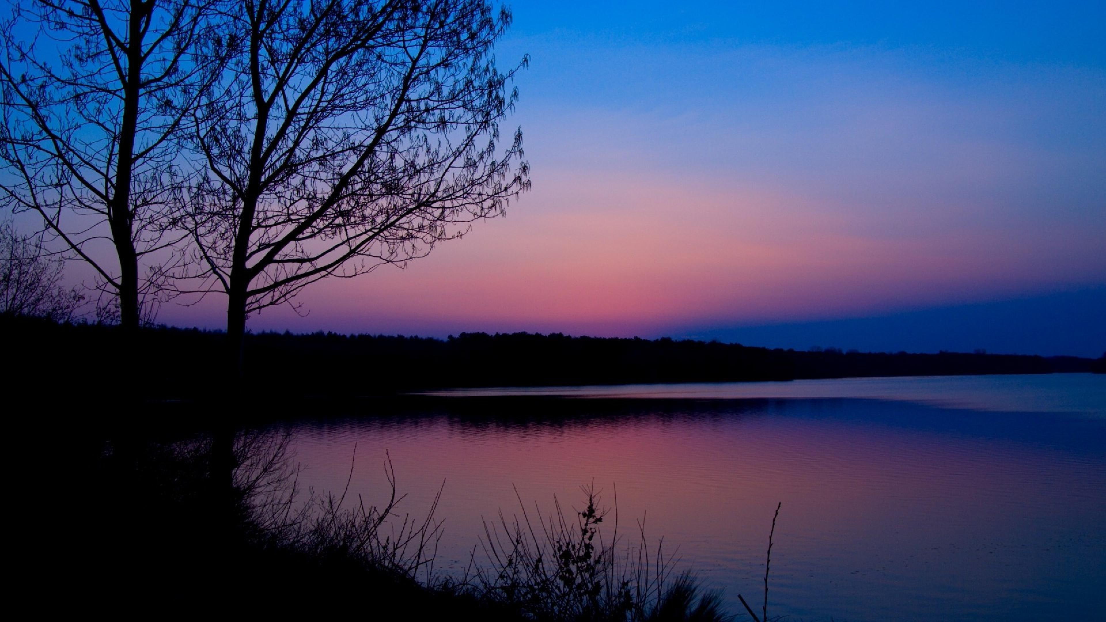 lake, dunk, lakeside, sky, evening, tree, 4K, HD Wallpaper
