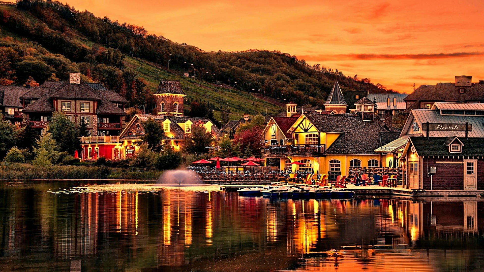 building exterior, pond, cloud - sky, 1080P, nature, sunset, sky, north america, outdoors, village, waterfront, town, architecture, the blue mountains, HD Wallpaper