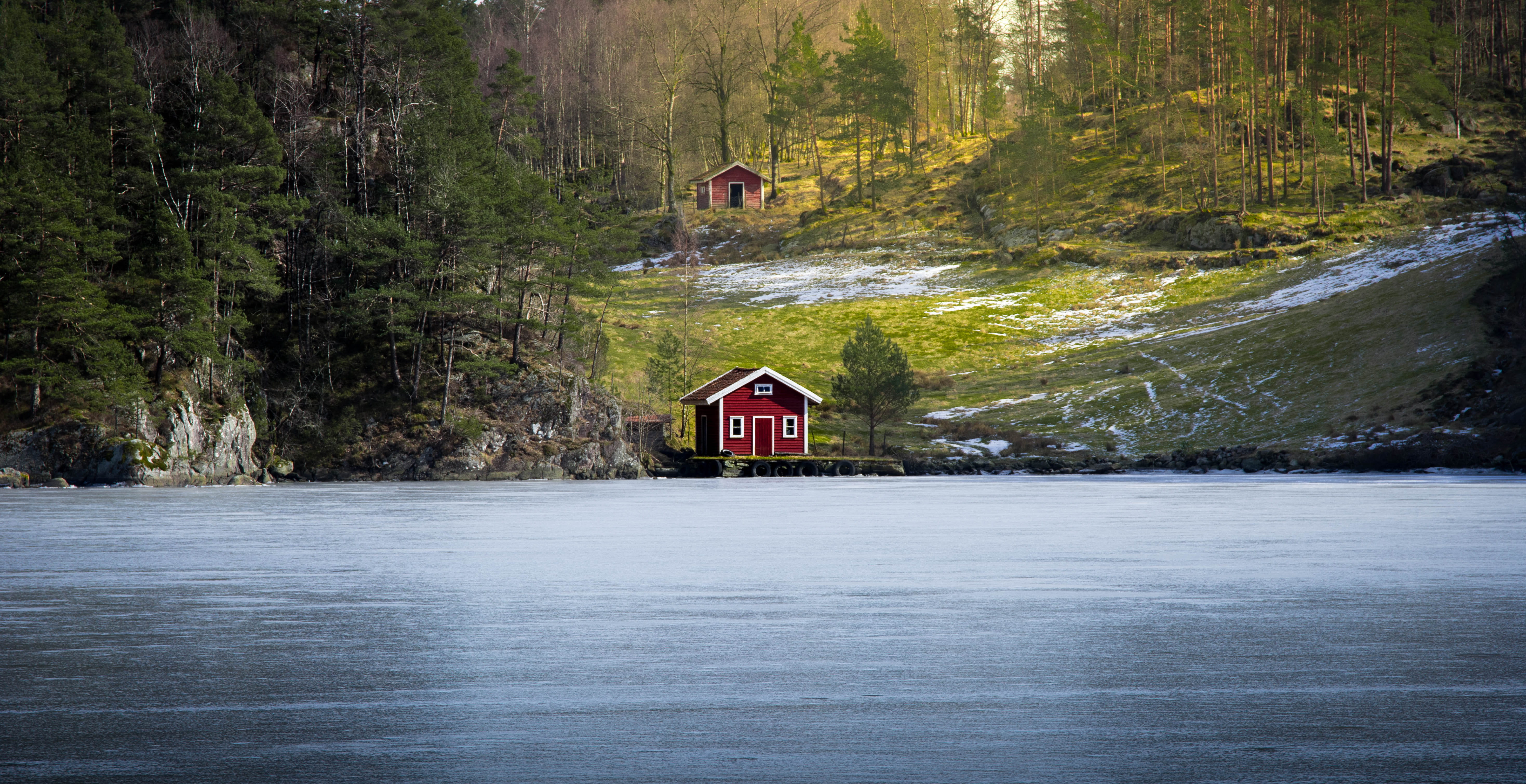 lake, surrounded, cabin, beside, house, scandinavia, snow, fjord, scenics, beauty In Nature, village, ice, wood - Material, no People, frozen, long exposure, HD Wallpaper