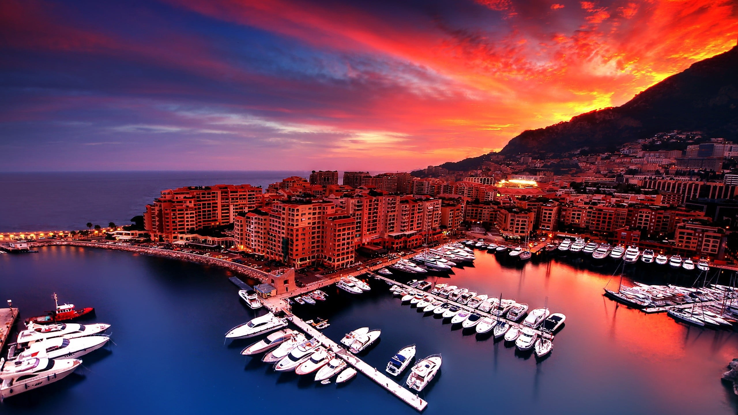 photo, harbor, no people, buildings, nautical vessel, Monaco, sky, building, cityscape, water, transportation, night, aerial, pier, office building exterior, HD Wallpaper
