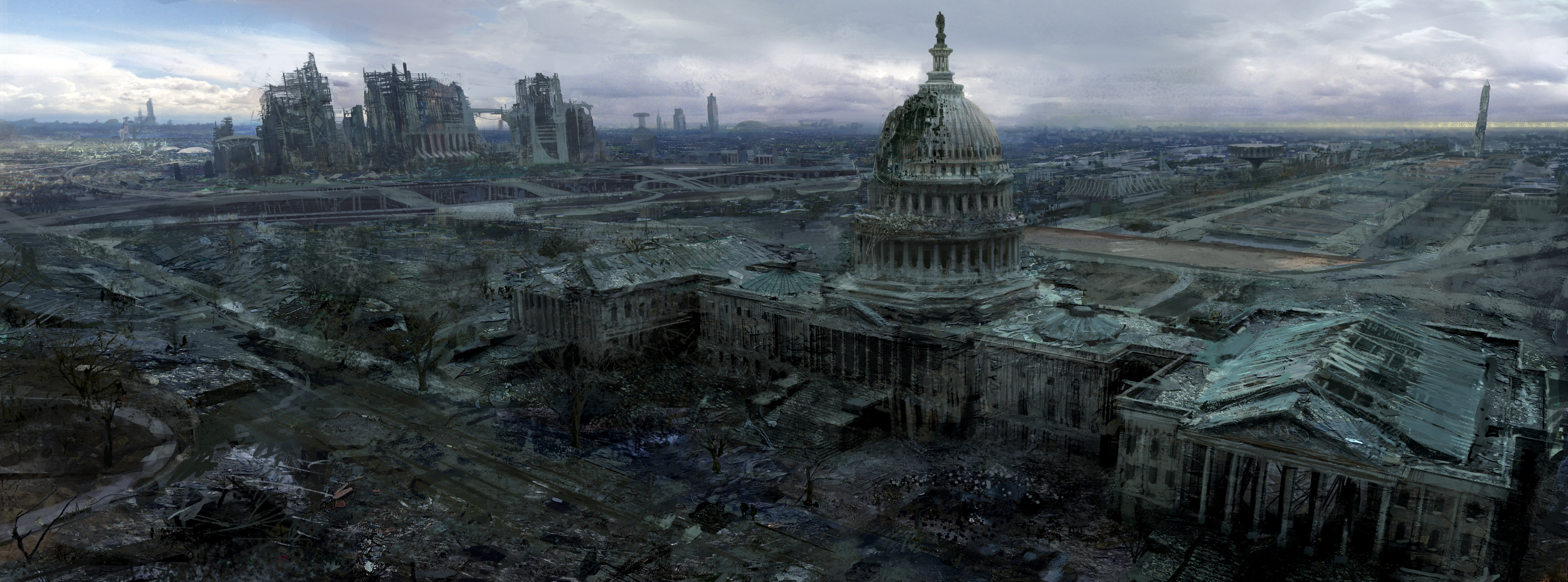 house, day, no people, sky, belief, cityscape, white, building exterior, skyscraper, Building, religion, Fallout, concept art, fallout 3, travel destinations, HD Wallpaper