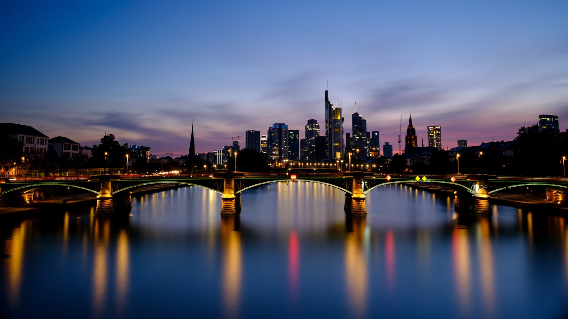 bridge, night, 1080P, Germany, Frankfurt, lights, HD Wallpaper