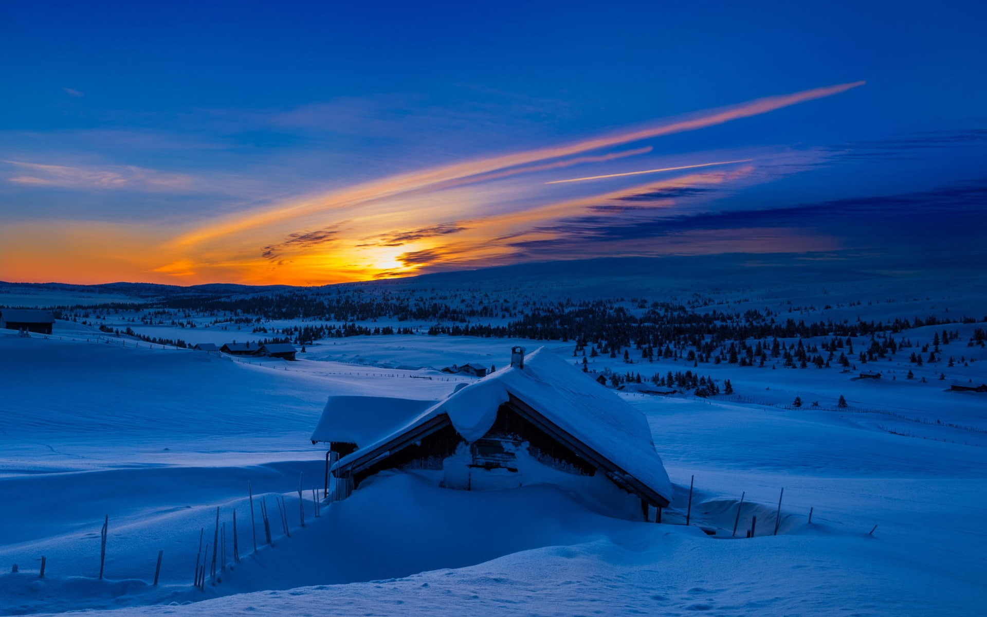 House, Morning, 1080P, Winter, Mountains, Sunrise, Snow, Blue, HD Wallpaper