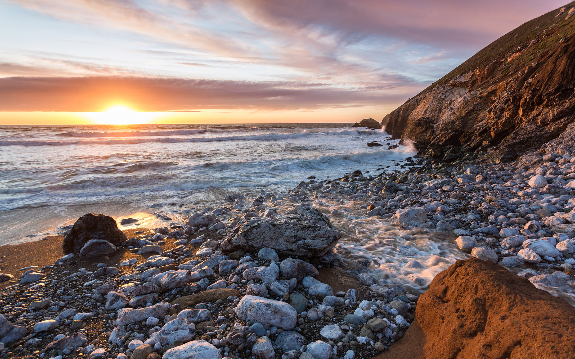 nature, coast, hd, 1080P, rocks, beach, stones, sunset, ocean, HD Wallpaper