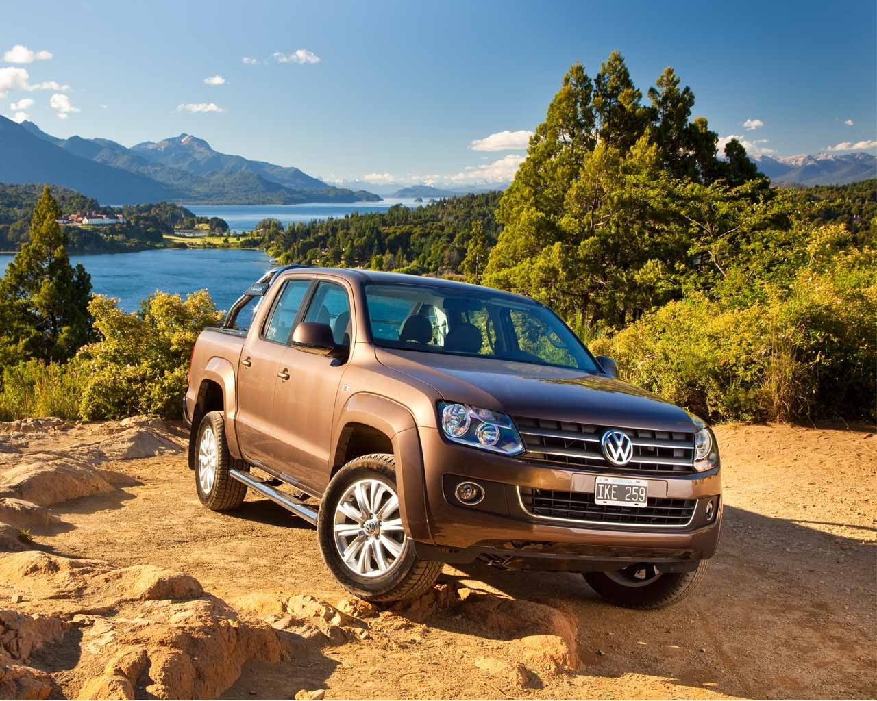 tree, 720P, landscape, Volkswagen, sky, mountain peak, road, plant, water, scenics - nature, sunlight, pickup, day, truck, motor vehicle, ford, gray, cab, HD Wallpaper