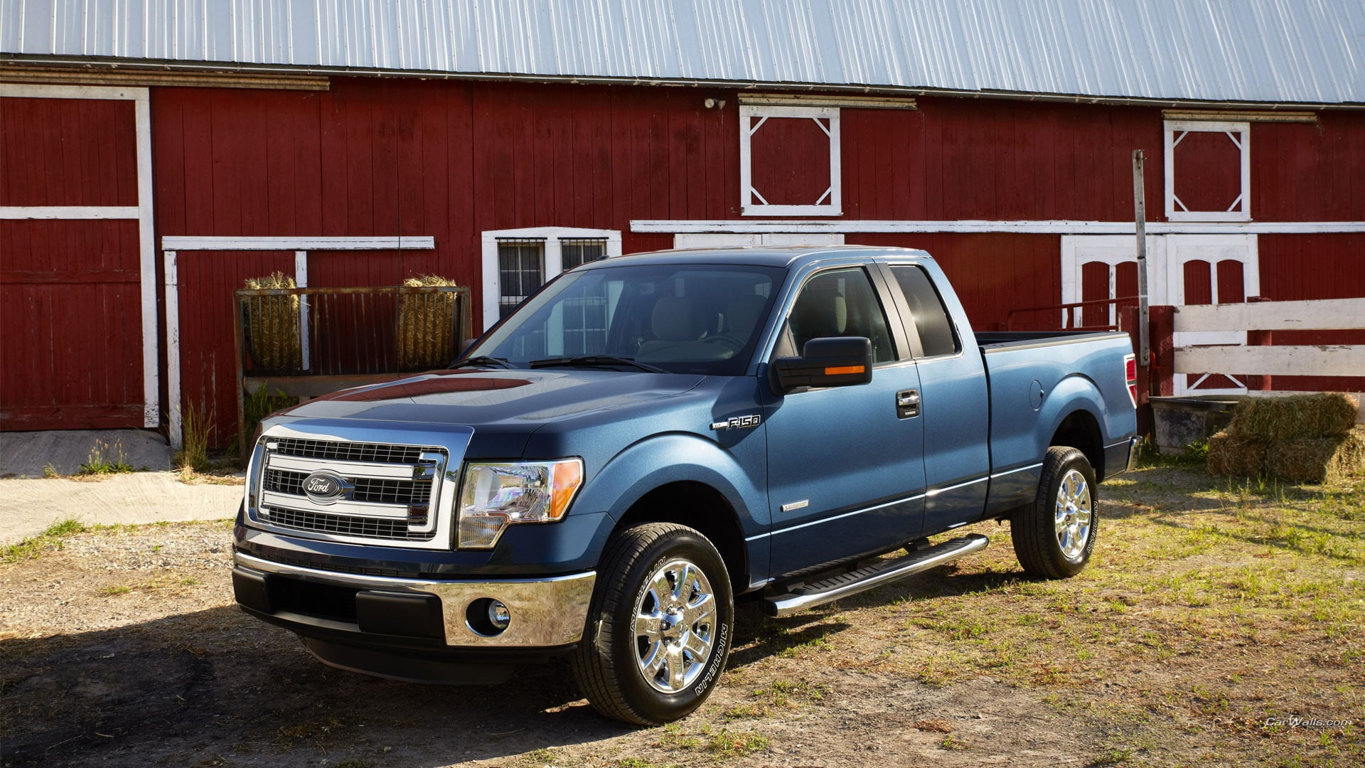 built structure, Ford f-150, mode of transportation, 1080P, garage, pick-up truck, building, cab, city, metal, Ford, architecture, blue cars, vintage car, HD Wallpaper