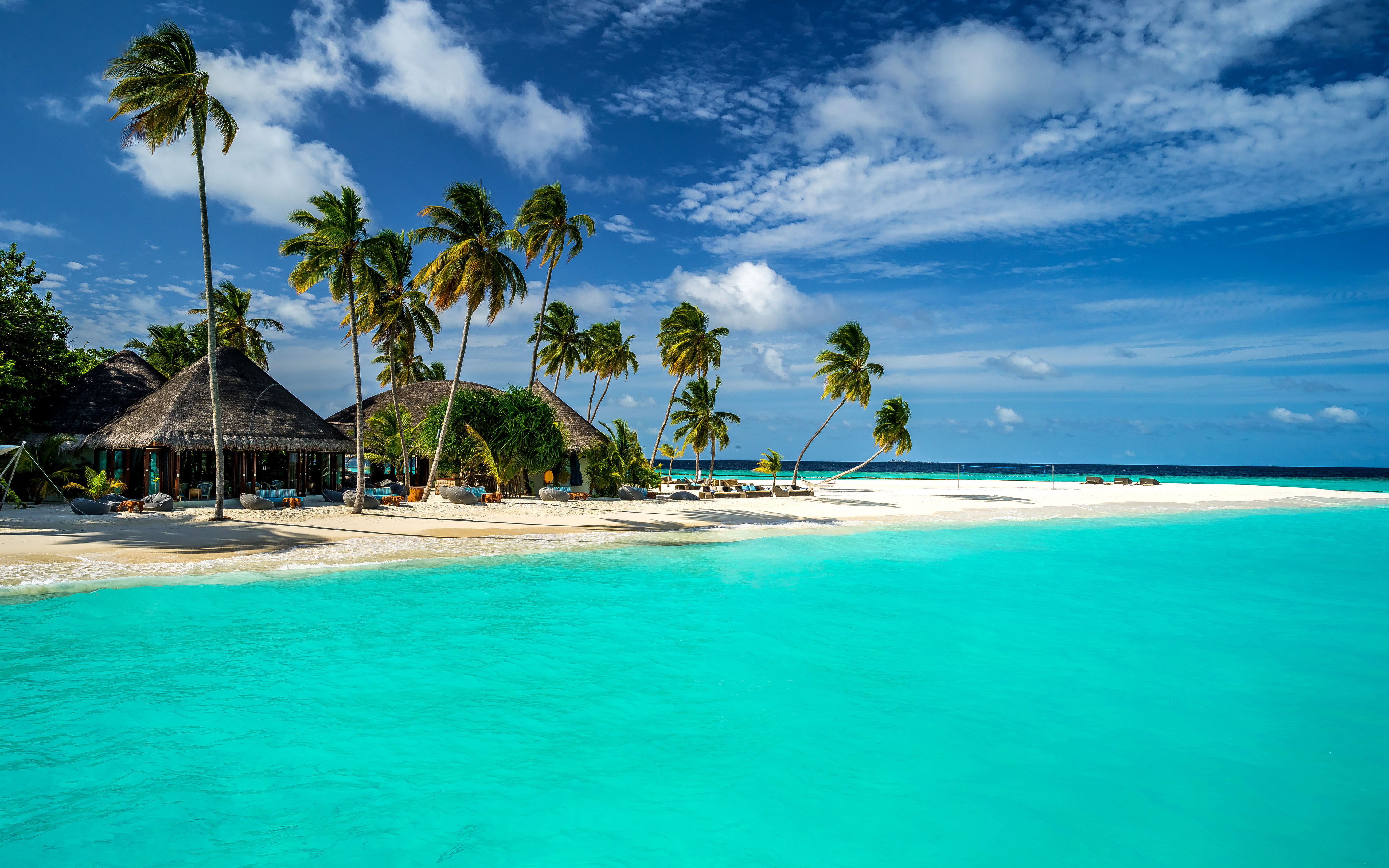 blue, tree, maldives, bungalow, indian, ocean, sky, hd, desktop, 5K, tropical, cloud, turkuaz, beautiful, house, palm, beach, horizon, island, HD Wallpaper