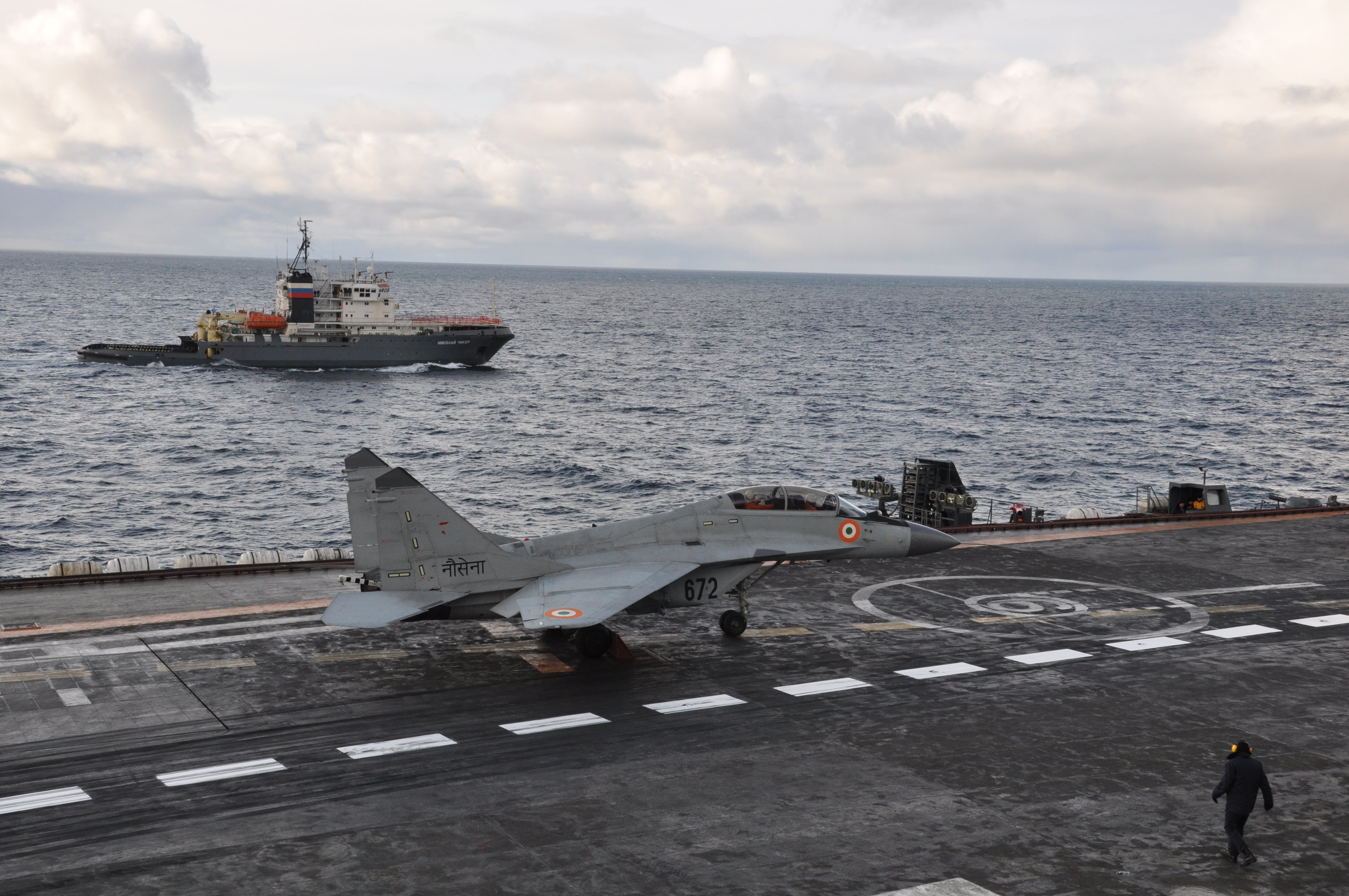preparing for take-off, MiG-29 KUB, The Indian air force, clouds, MiG-29KUB, The carrier, the ocean, 4K, deck, HD Wallpaper