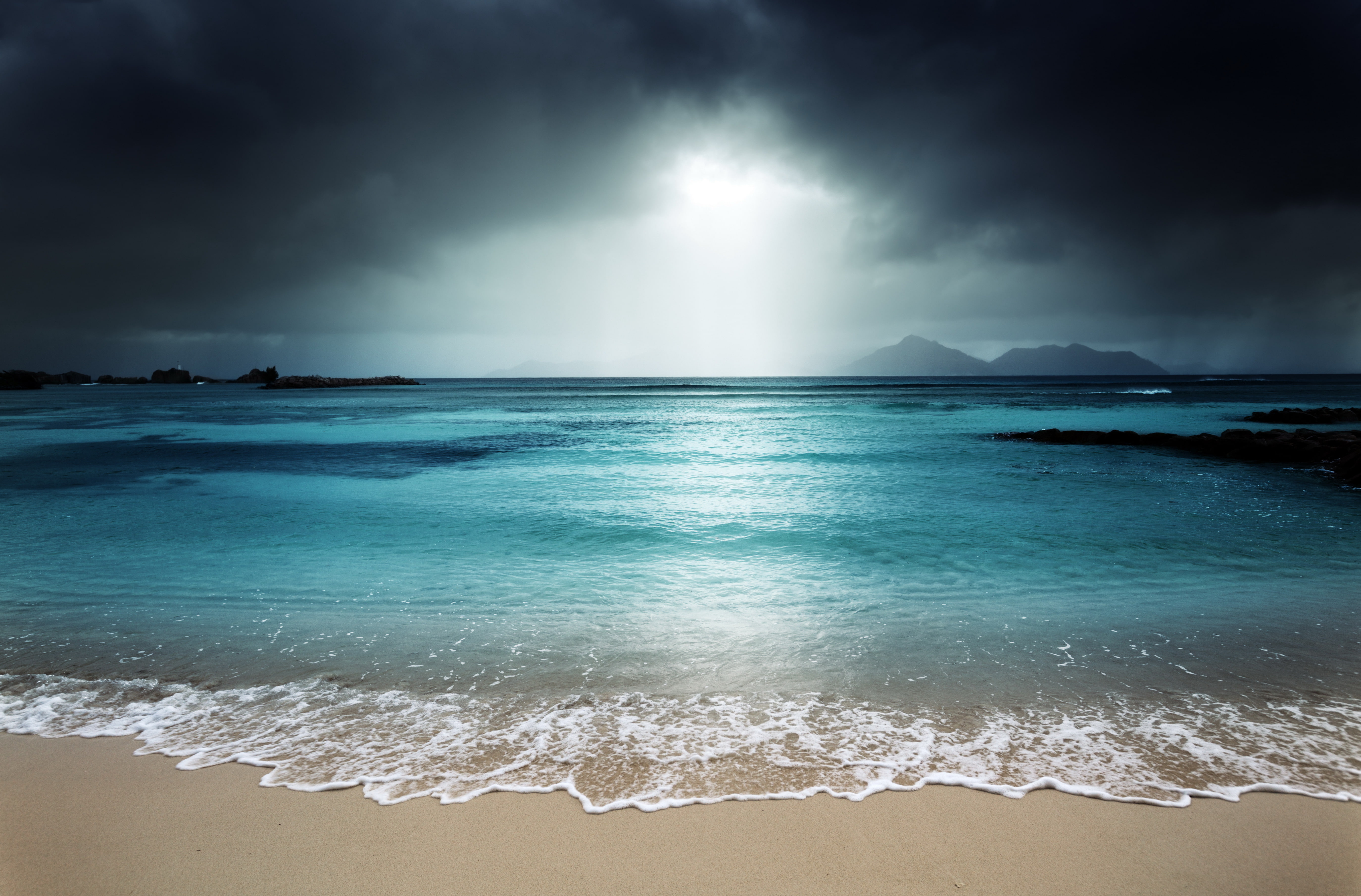 Dark Sky, sea, Beach, La Digue, golden, 5K, blue, Island, Storm, side, 5K, house, HD Wallpaper