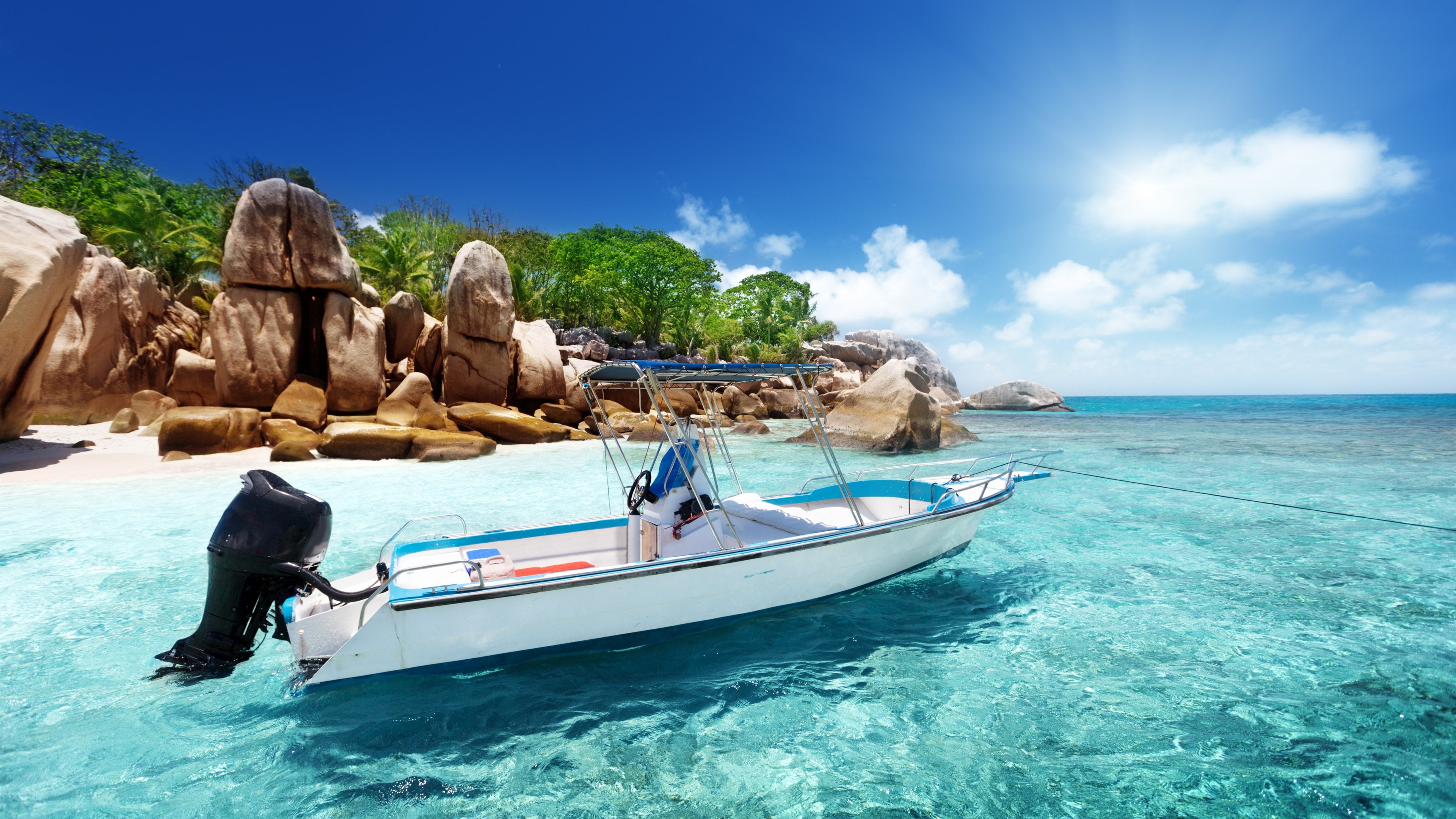 vacation, seychelles, island, tropical climate, turquoise colored, travel, ocean, boat, land, transportation, blue, nature, crystal clear, rock - object, HD Wallpaper