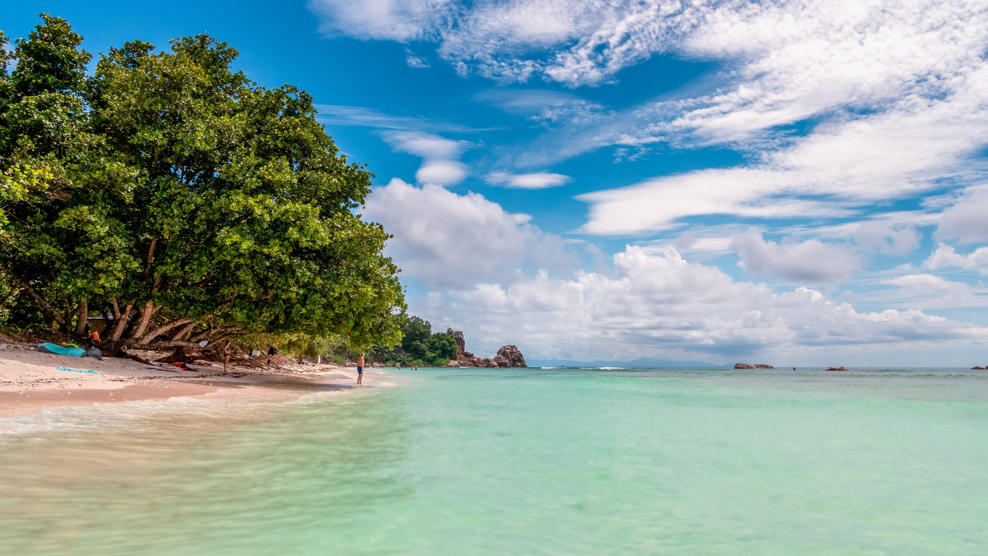 sand, idyllic, lagoon, holidays, paradise, non-urban scene, plant, land, seychelles, travel, sea, cloud - sky, tree, recreation, turquoise colored, blue, HD Wallpaper
