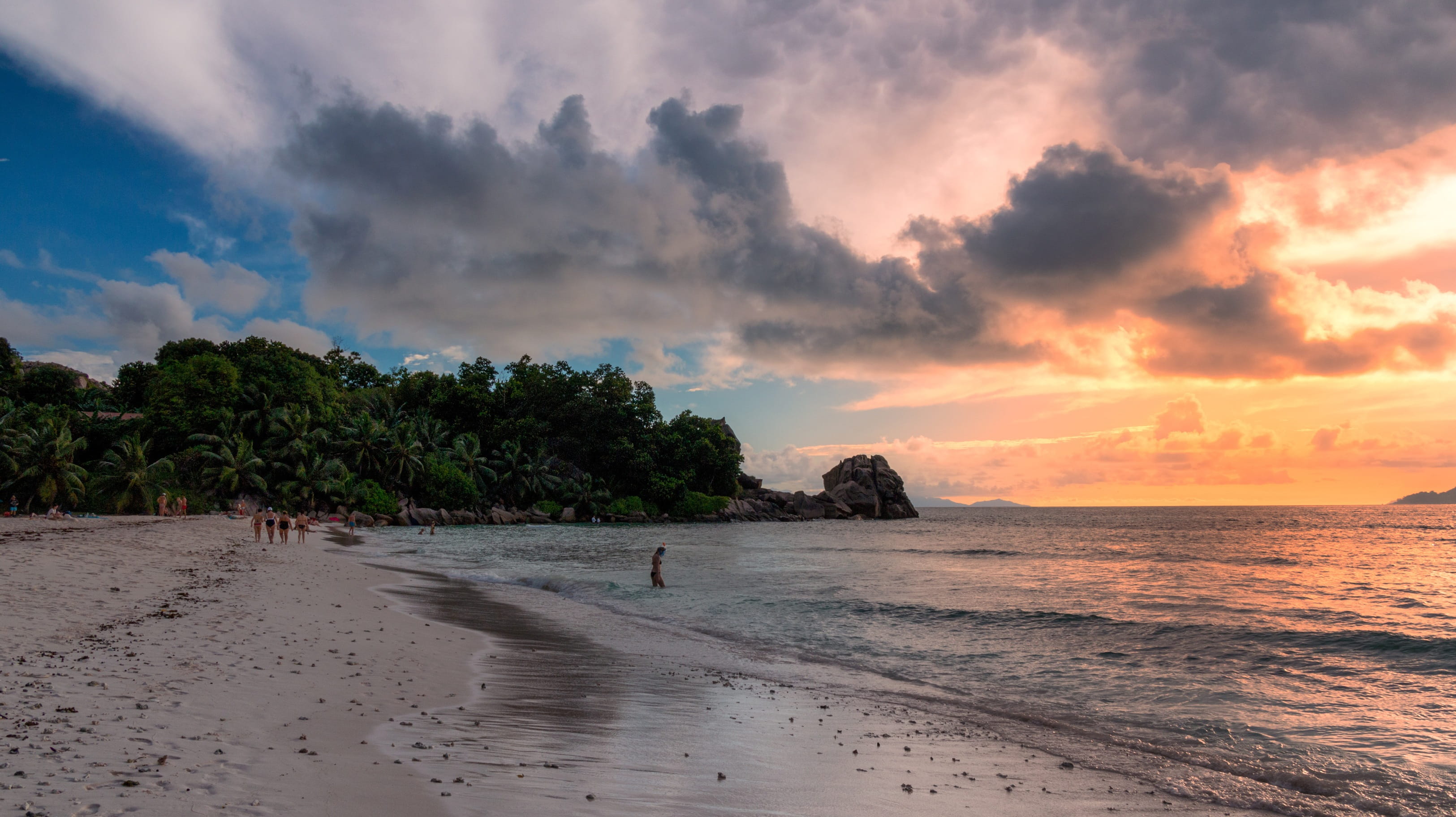 sunset, an island, palm trees, 2K, sea, rocks, la digue, bathing, tree, ocean, idyllic, plant, beach, vacations, horizon over water, tranquil scene, tropical, HD Wallpaper