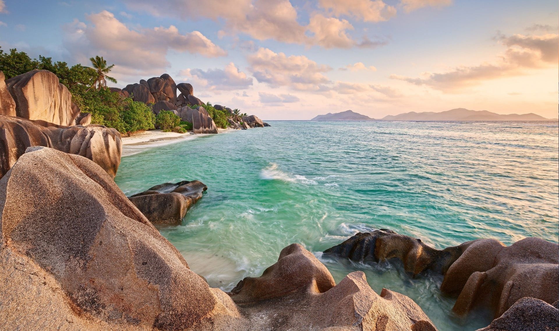 sea, mountain, rock - object, Seychelles, idyllic, tranquil scene, scenics - nature, no people, rocky coastline, sunset, 1080P, beauty in nature, palm trees, HD Wallpaper
