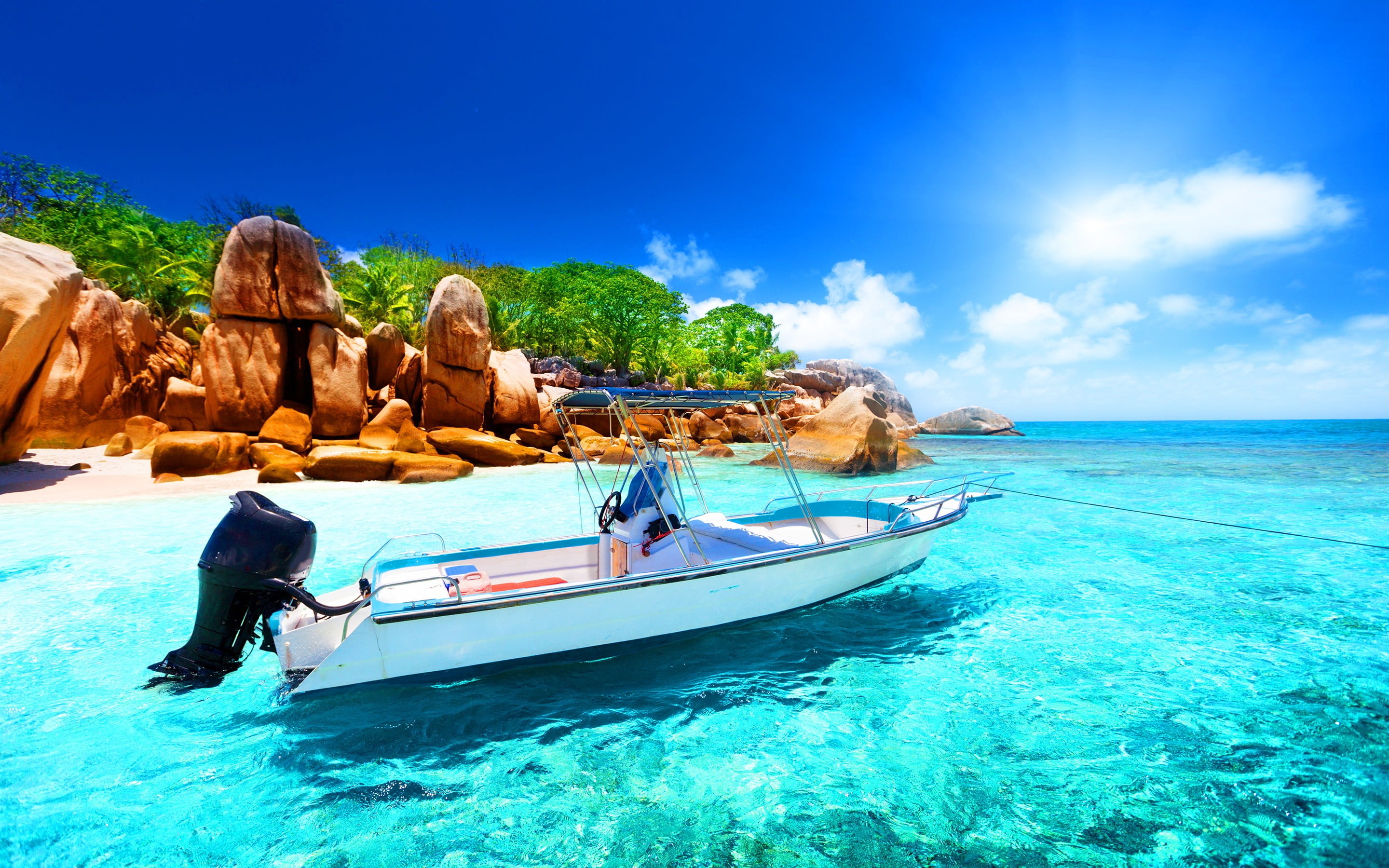 sea, white, speedboat, Seychelles, vacations, land, people, travel, trip, boat, nautical vessel, outdoors, nature, 2K, holiday, island, water, blue, beach, HD Wallpaper