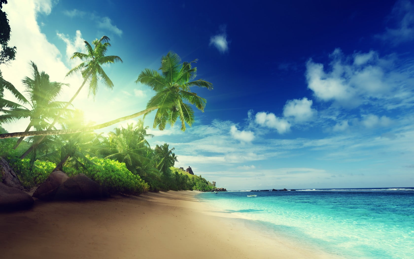 land, tropical climate, summer, Nature, beach, palm tree, beauty in nature, plant, water, sunset, horizon over water, idyllic, tranquility, tranquil scene, HD Wallpaper