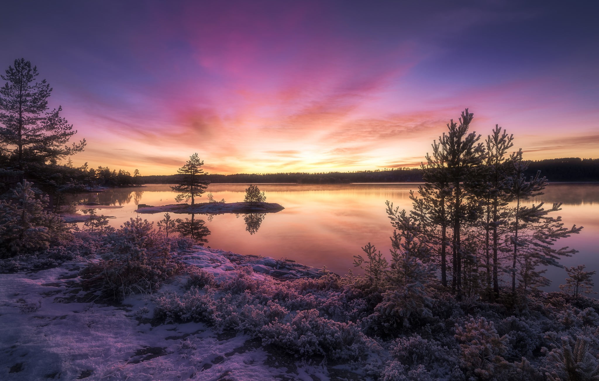 tranquility, cloud - sky, water, purple, 1080P, tranquil scene, sunset, sunrise, pink color, idyllic, no people, plant, painting, orange color, landscape, HD Wallpaper