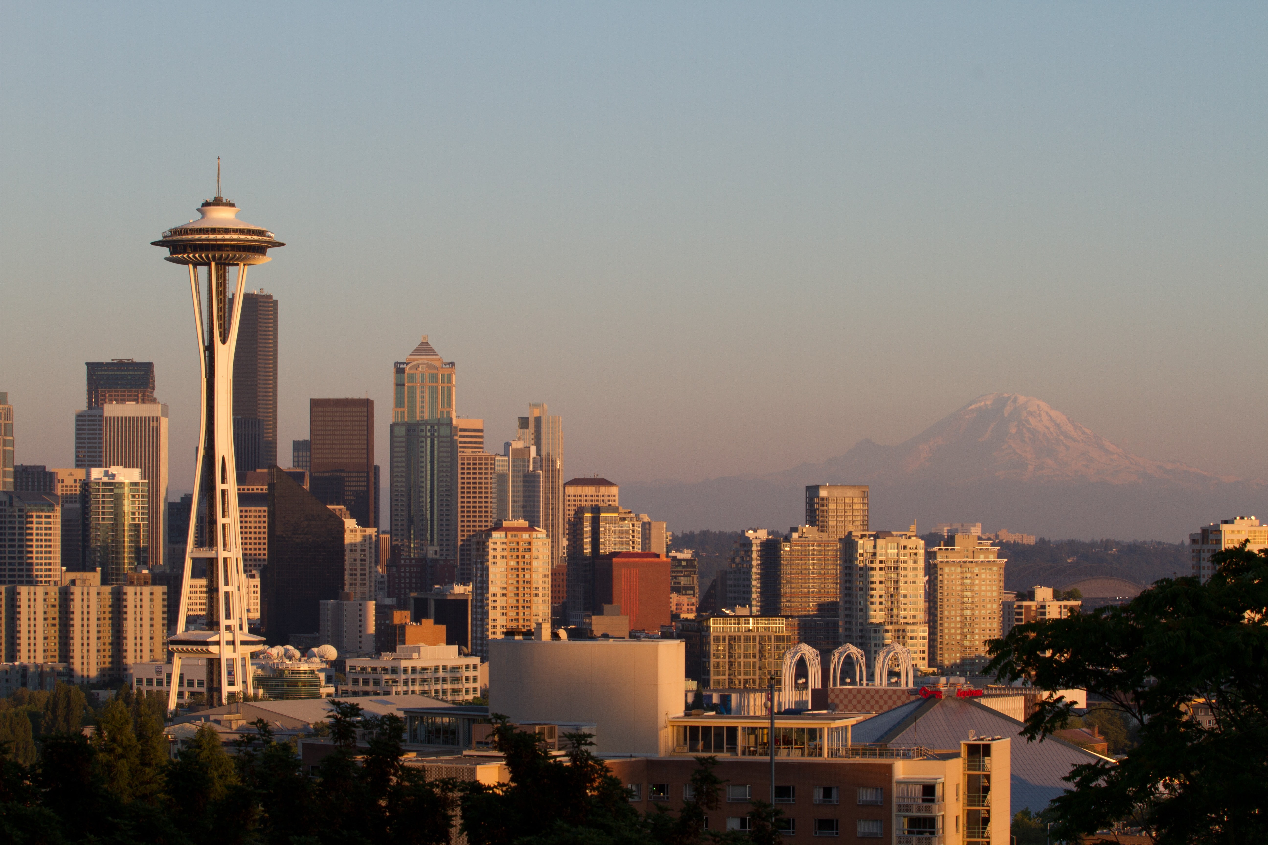 built structure, financial district, city, sky, landscape, tower, skyscraper, modern, residential district, building, no people, mountain, Space Needle, HD Wallpaper