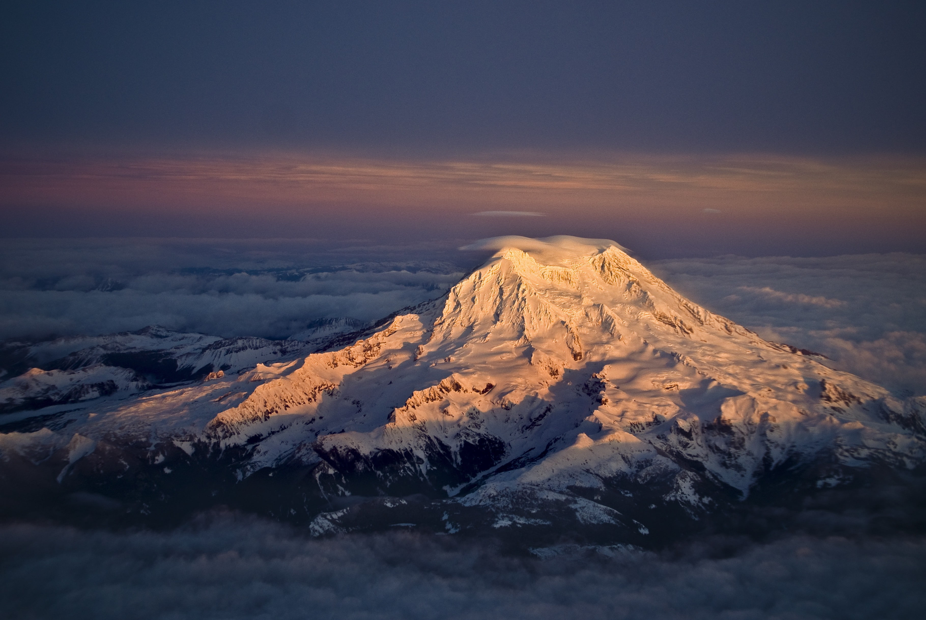 Mount Rainier, dusk, aerial view, 2K, mountains, HD Wallpaper