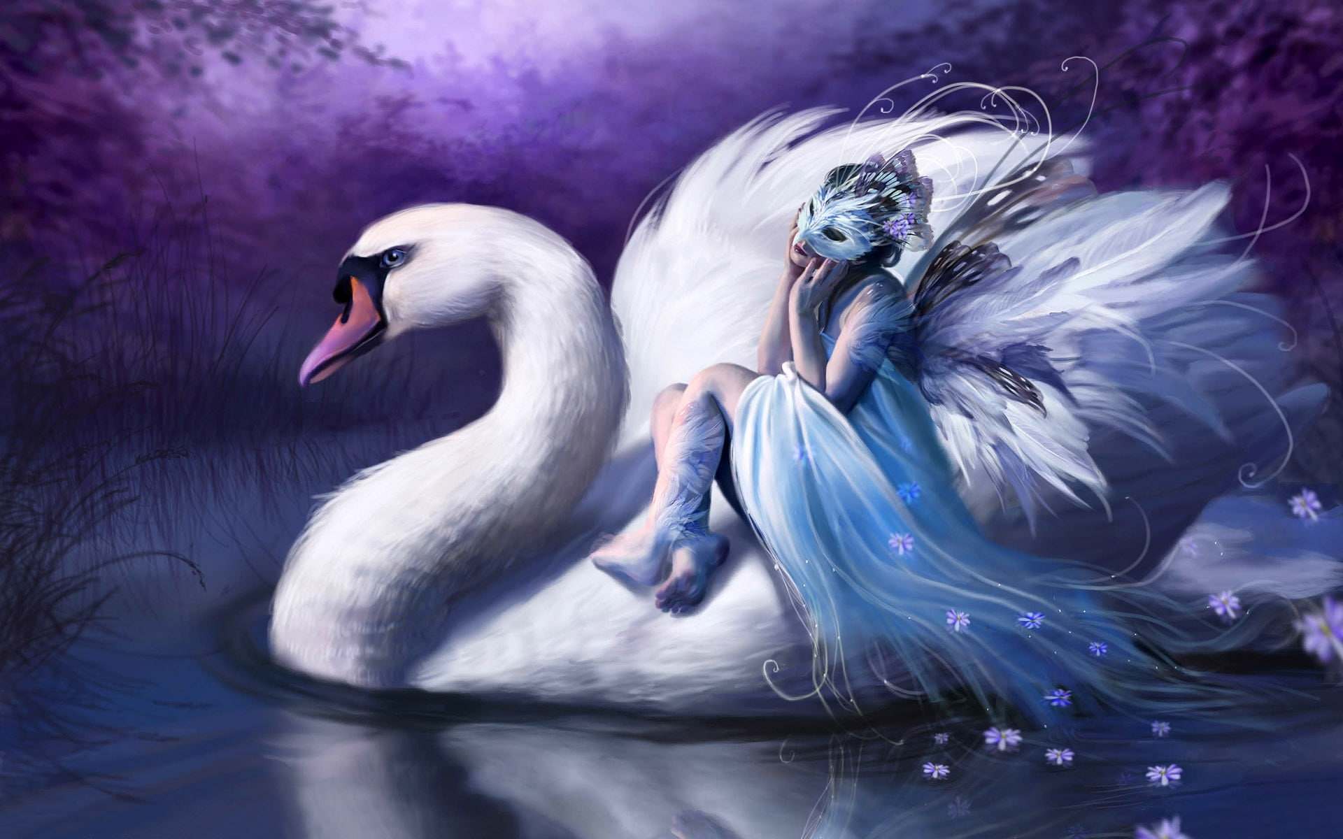 Lake, white, sat, Swan, 1080P, Girl, HD Wallpaper