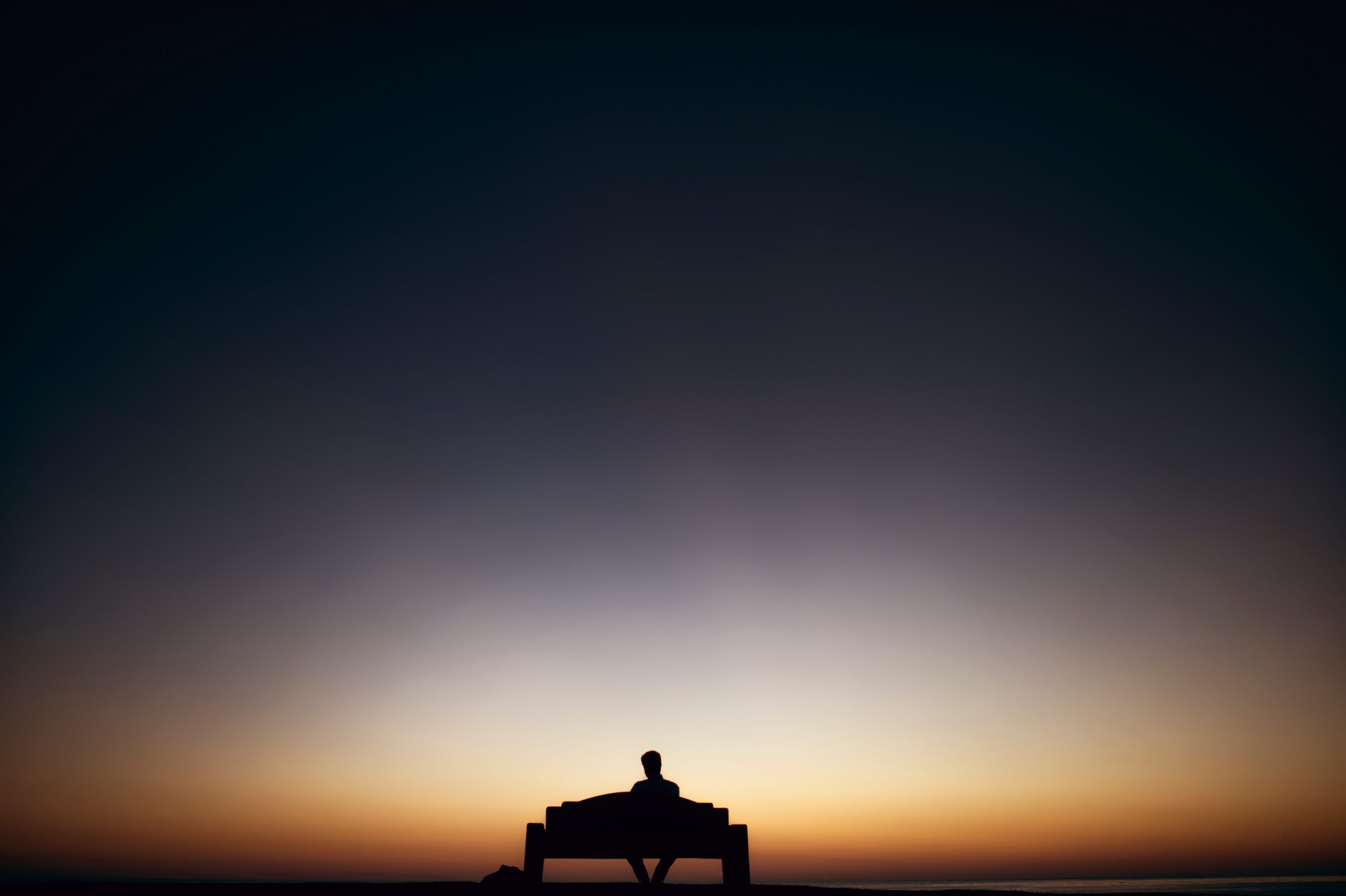 silhoutte, person, scenics - nature, beauty in nature, sky, tranquility, alone, sit, 4K, water, twilight, no people, nature, photo, bench, siting, dusk, HD Wallpaper